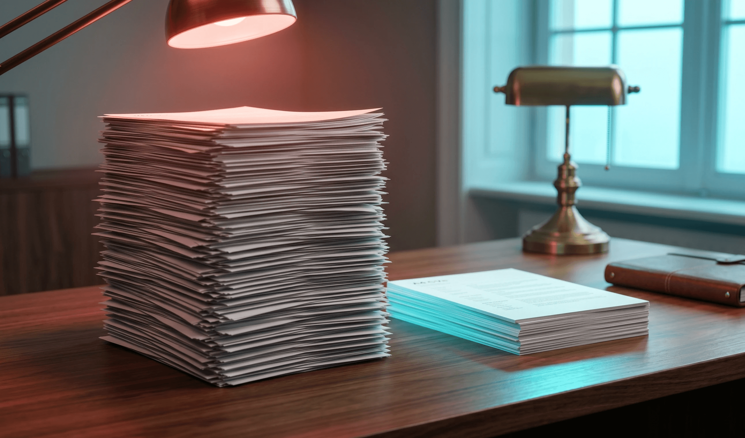 Two stacks of CVs showing the difference between manual screening overwhelm and AI-screened placements for UK recruitment agencies.