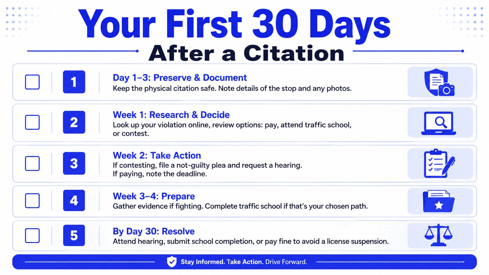 A checklist infographic outlining five steps for handling a traffic citation within the first 30 days.