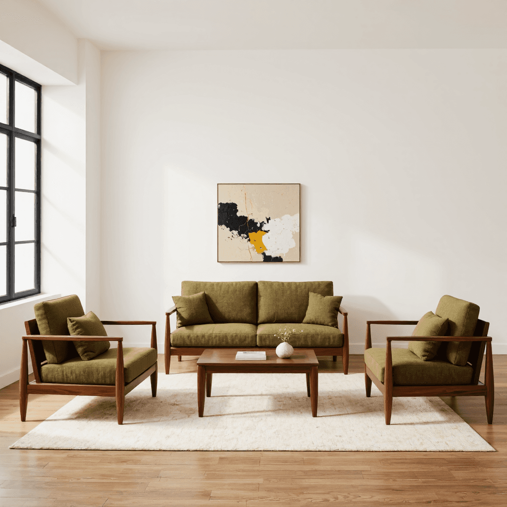 product photography of a set of modern upholstered furniture including a sofa, loveseat, and armchair with a coffee table