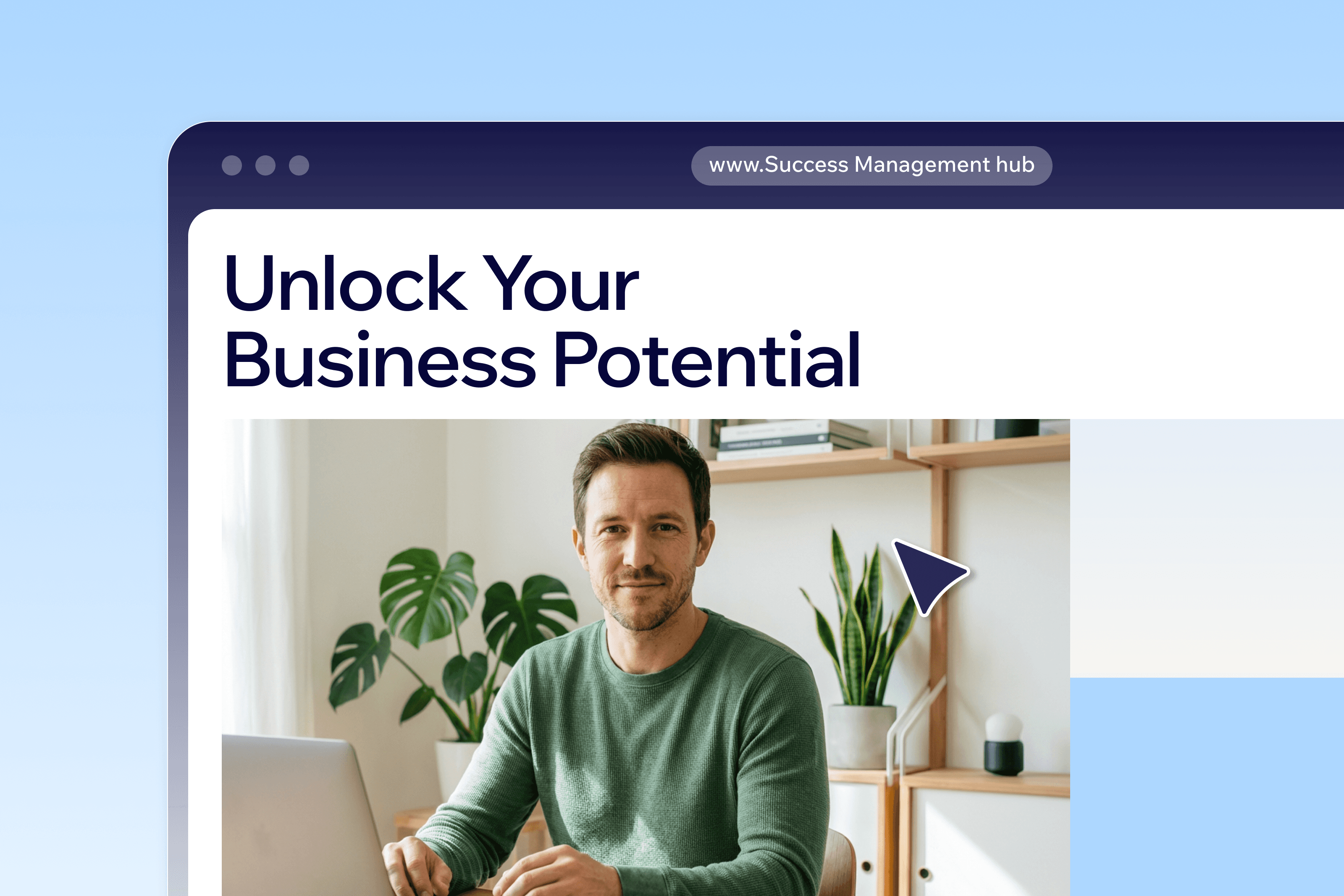Man sitting at a desk with a laptop, smiling, with plants in the background