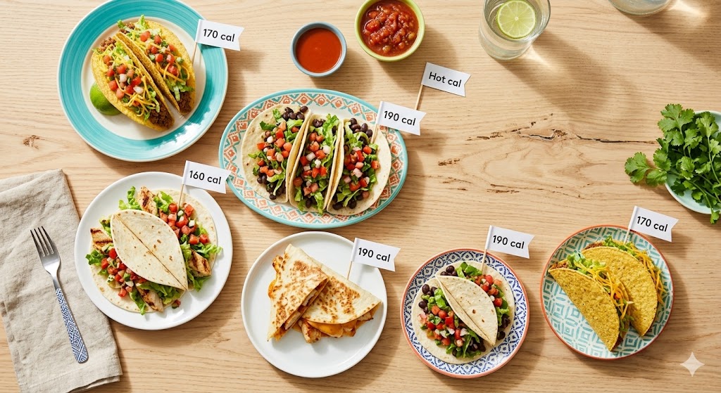 An overhead photograph on a wooden table, with seven plates of Taco Bell menu items featuring calorie-count flags. Items include Crunchy Tacos (170 cal), Chicken Soft Tacos (160 cal), Black Bean Soft Tacos (190 cal), and a folded Chicken Chipotle Melt (190 cal), all garnished with fresh lettuce, tomatoes, and black beans. Includes water with lime, hot sauce, and cilantro.