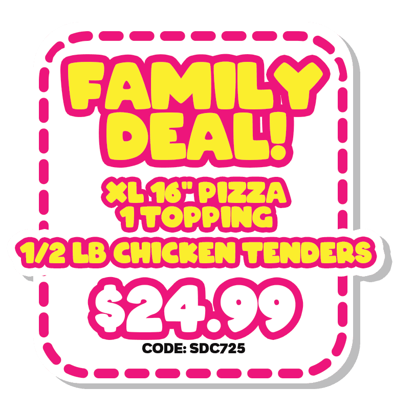 North End Pizza Family Deal coupon — extra-large 16-inch one-topping NY-style pizza with 1/2 pound crispy chicken tenders for $24.99, Virginia Beach, VA