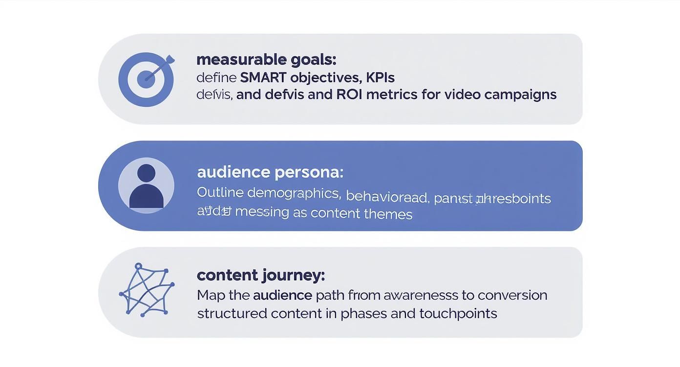 Infographic outlining three key elements for video campaigns: measurable goals, audience persona, and content journey.