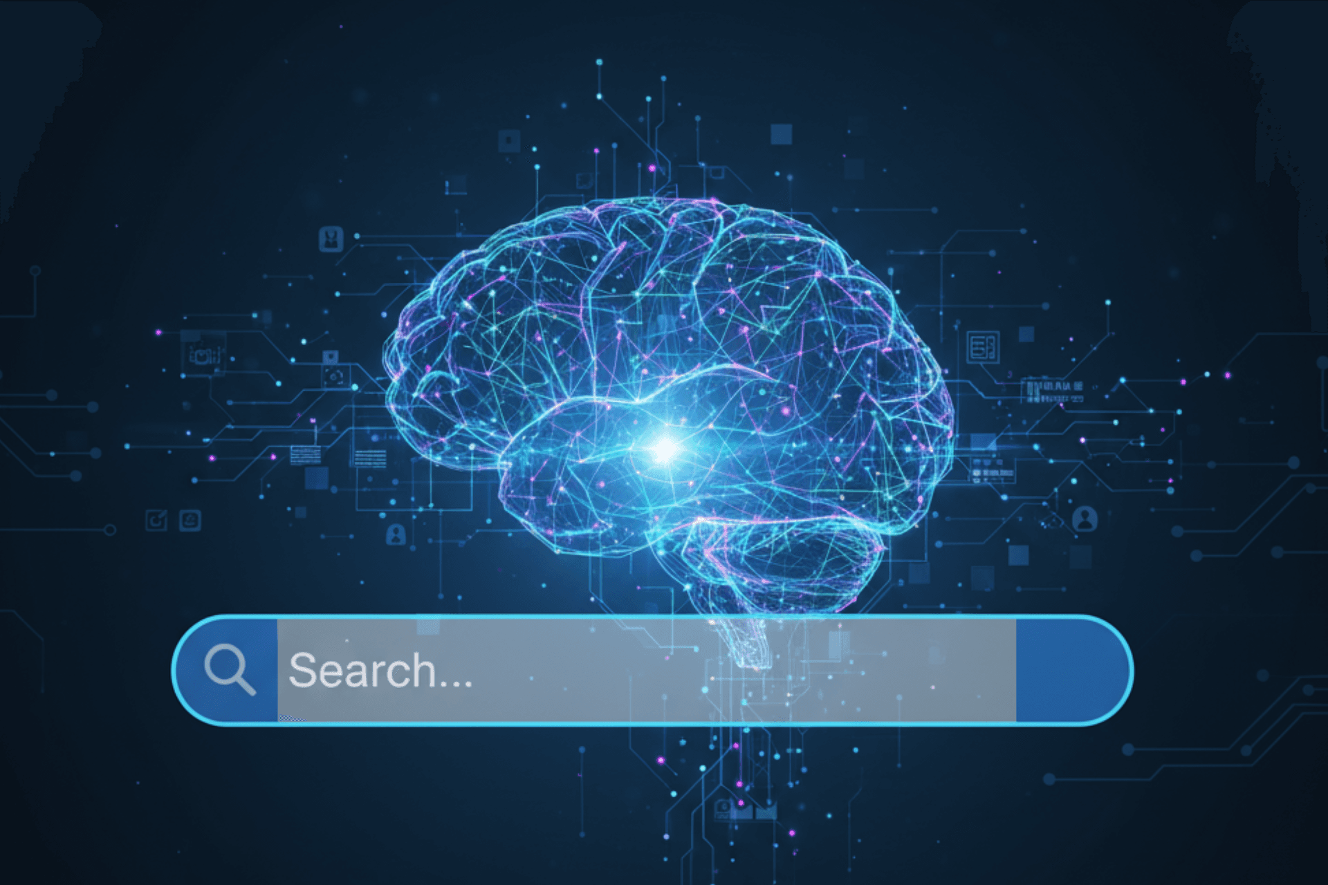 Abstract digital brain and AI network over a search bar illustrating AI-driven search, AEO, and SEO optimization for marketing content