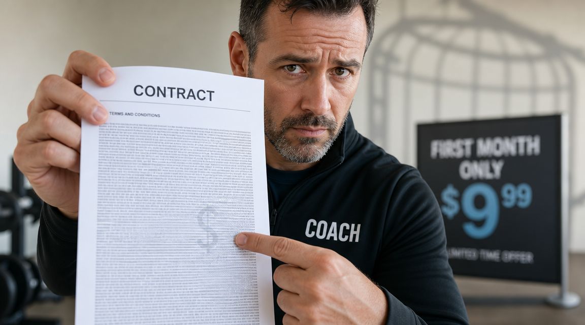 A fitness coach pointing at a long contract document with a skeptical look in a gym setting.