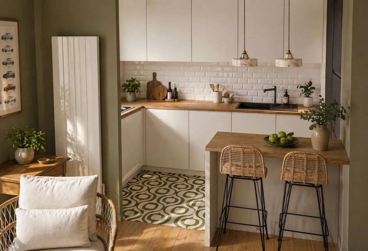 Cuisine ouverte rénovée avec murs vert olive, façades blanches, plan de travail bois et bar en rotin, projet architecture intérieure en Île-de-France