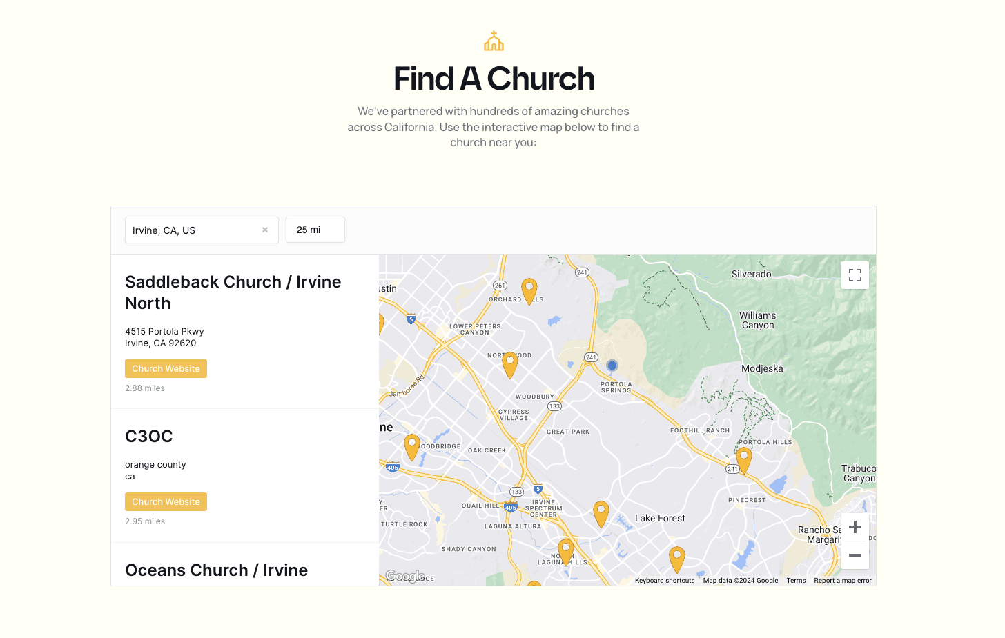 Baptize California website church finder showing an interactive map with Saddlebrook Church Irvine North, C3OC, and Oceans Church Irvine as nearby locations