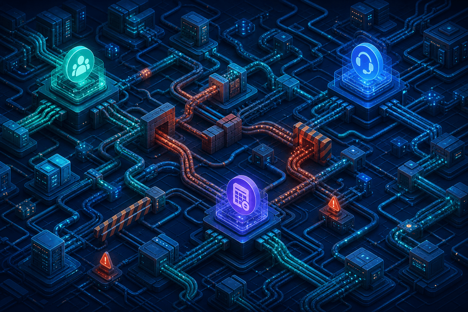 A wide digital illustration showing a labyrinthine network of interconnected enterprise software systems and data pipelines, with glowing nodes representing CRM, billing, and helpdesk platforms connected by tangled cables and conduits, some paths blocked or congested, conveying complexity and bottlenecks in a modern dark-blue and teal color palette, isometric perspective, no text or labels