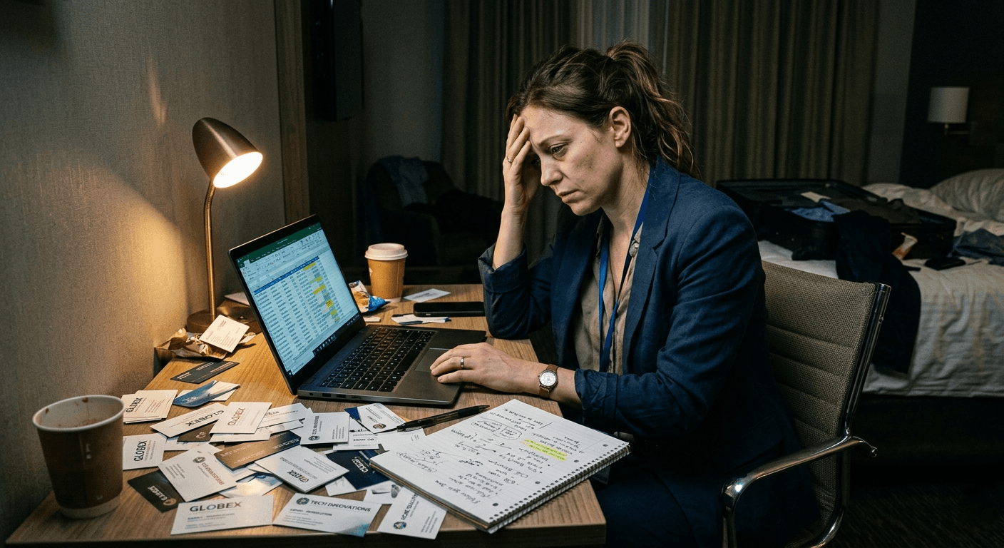 Sales rep overwhelmed by business cards and manual data entry after an event