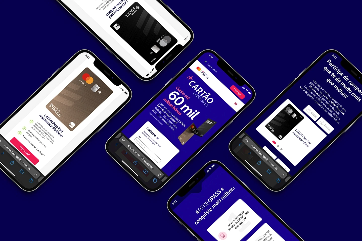 Mobile-first UI mockups of the LATAM Pass campaign landing page, optimized for seamless card application flow and engagement across iPhone screens.