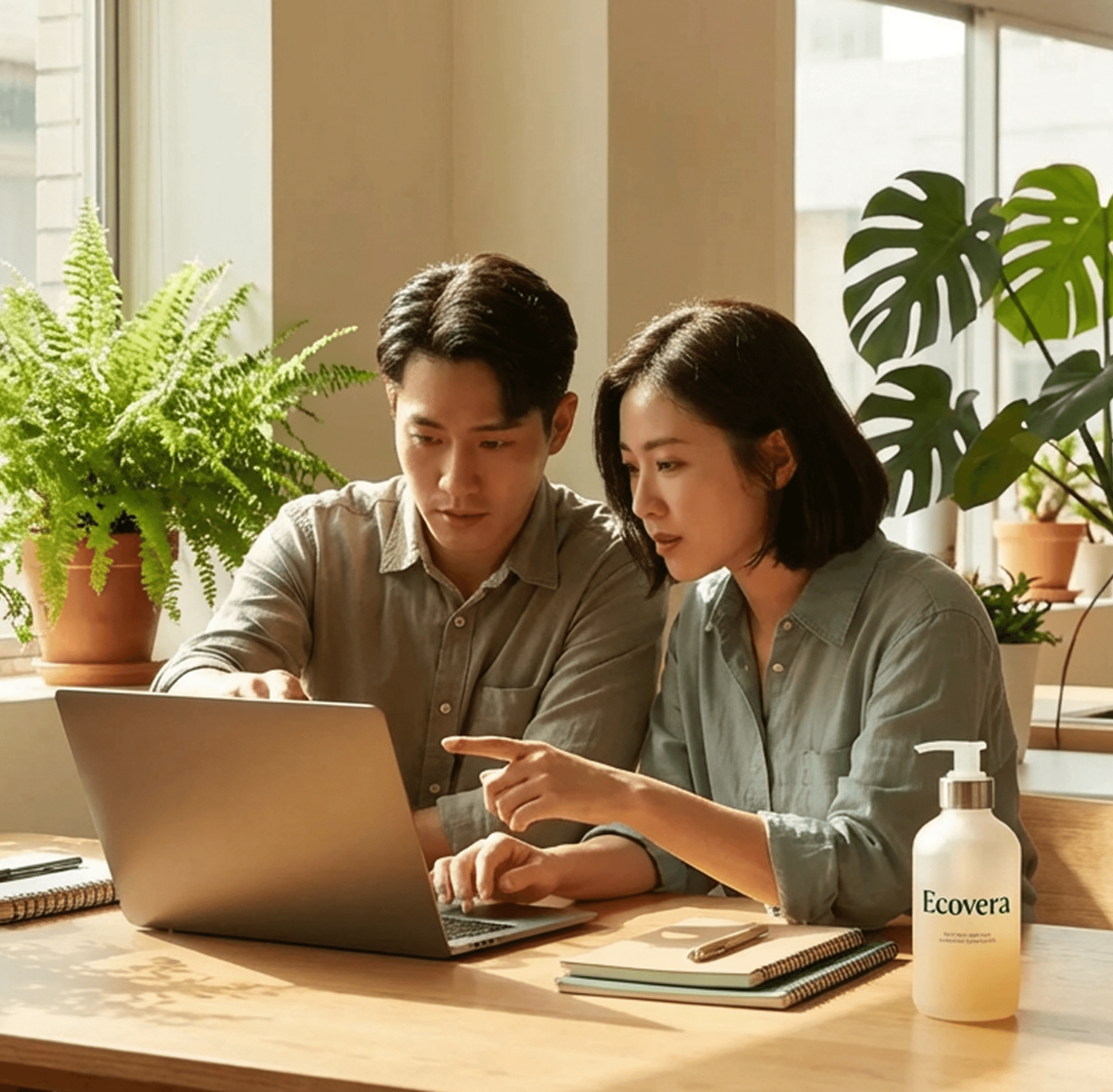 A couple working on a laptop near an Ecovera product.