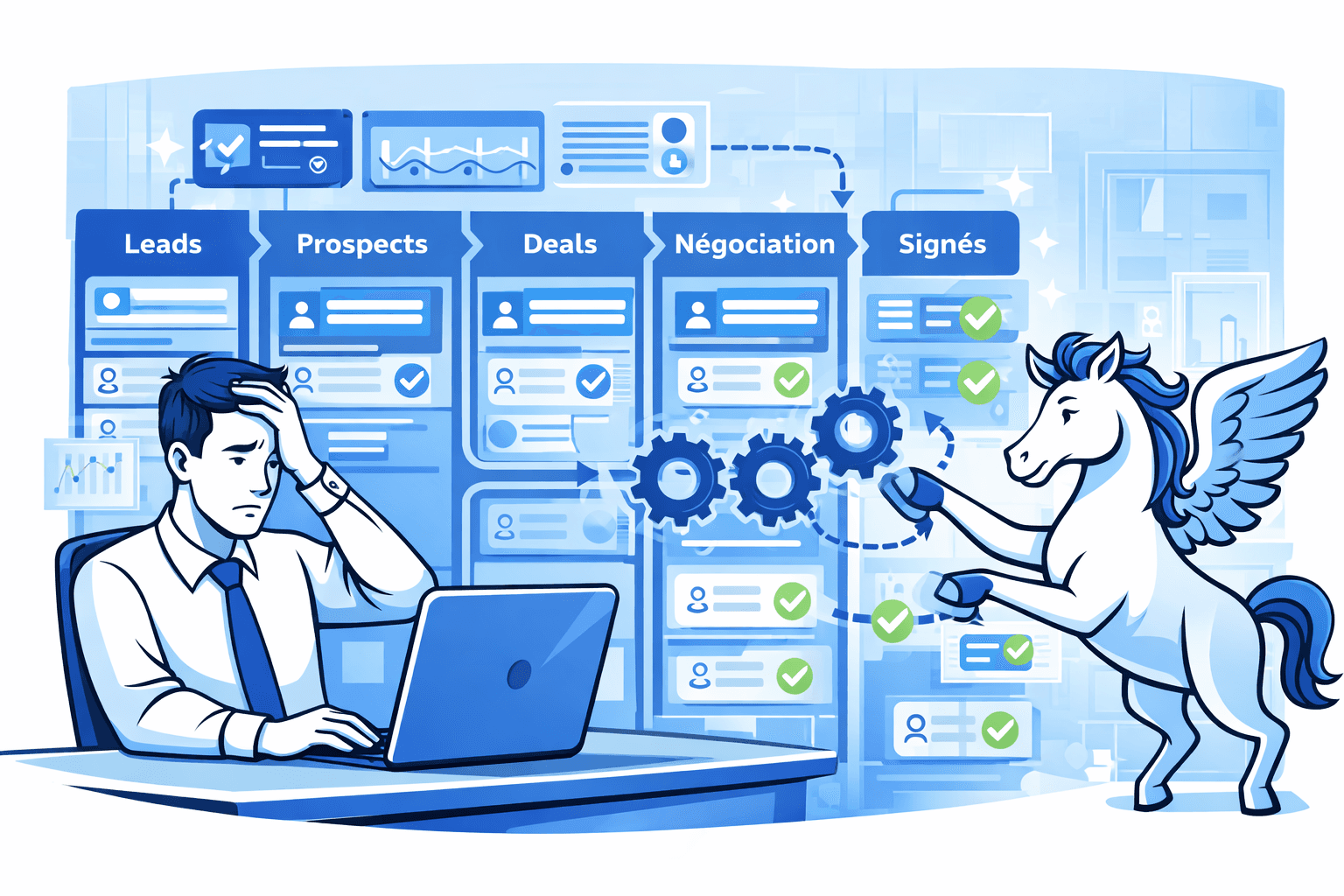 Dirigeant devant CRM complexe, Pegasus simplifie et automatise les flux commerciaux (pipeline qui s’optimise).