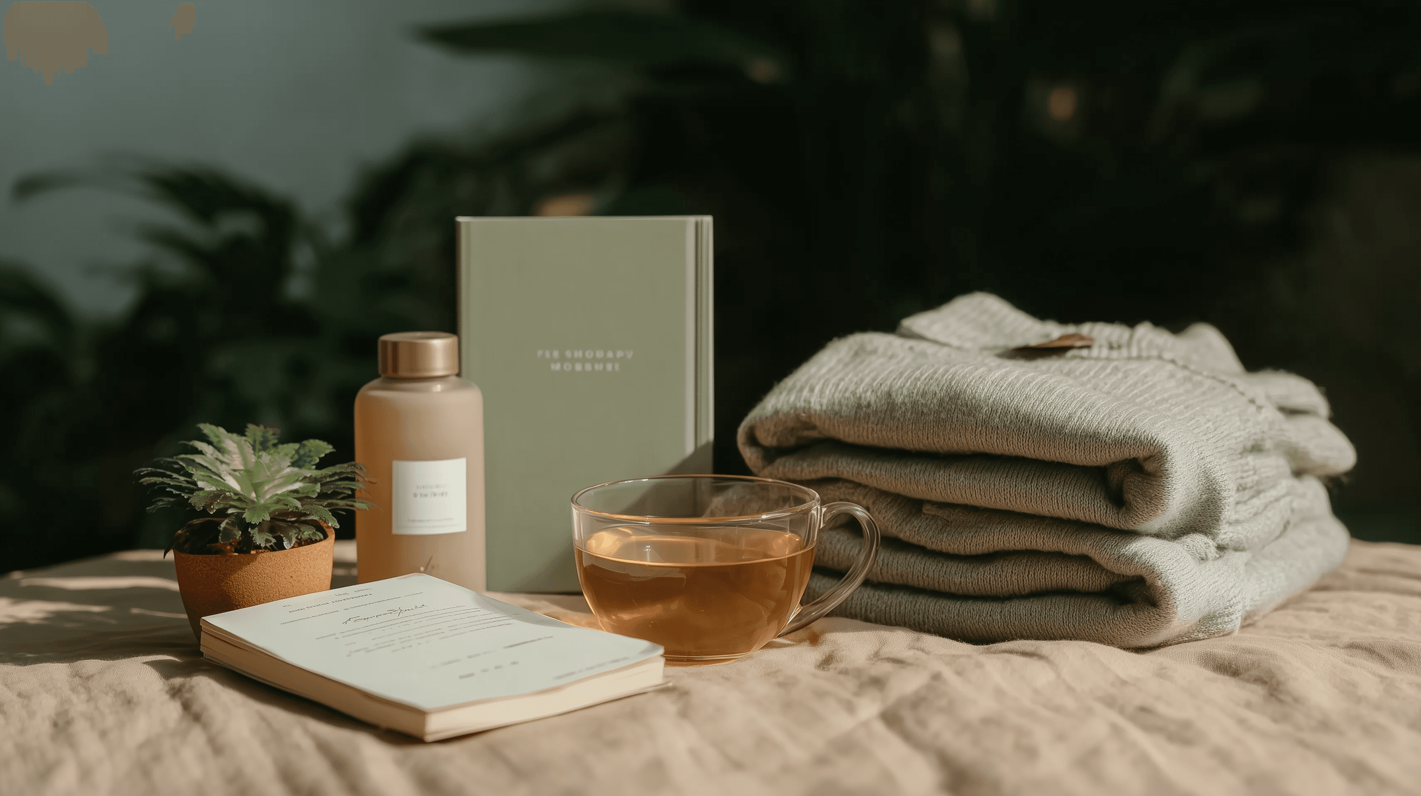 A welcome packet with retreat materials, journal, and tea on a wooden table, soft sunlight, intentional and inviting atmosphere, flat lay style.