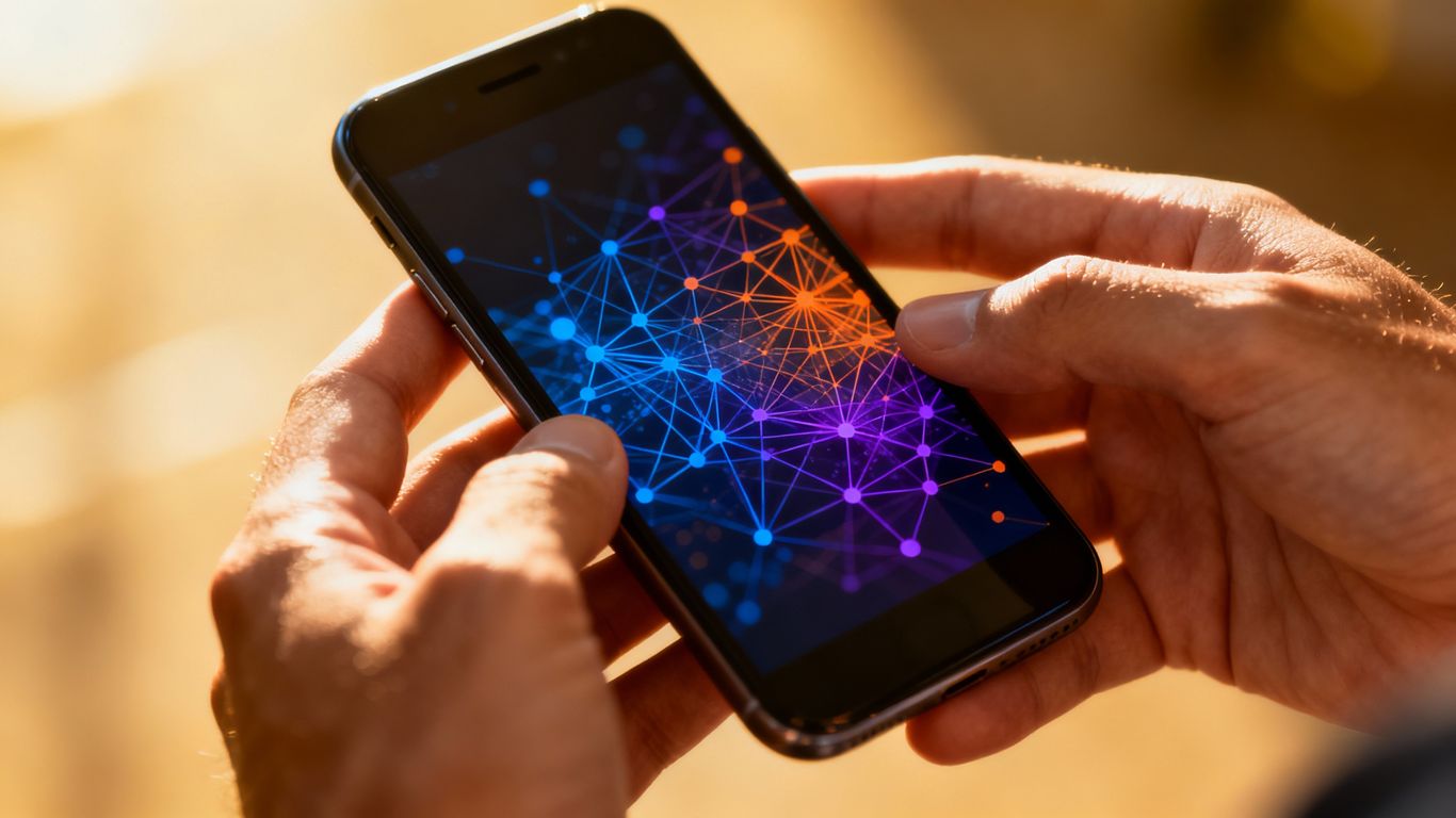 Hands holding a smartphone with abstract digital pattern.