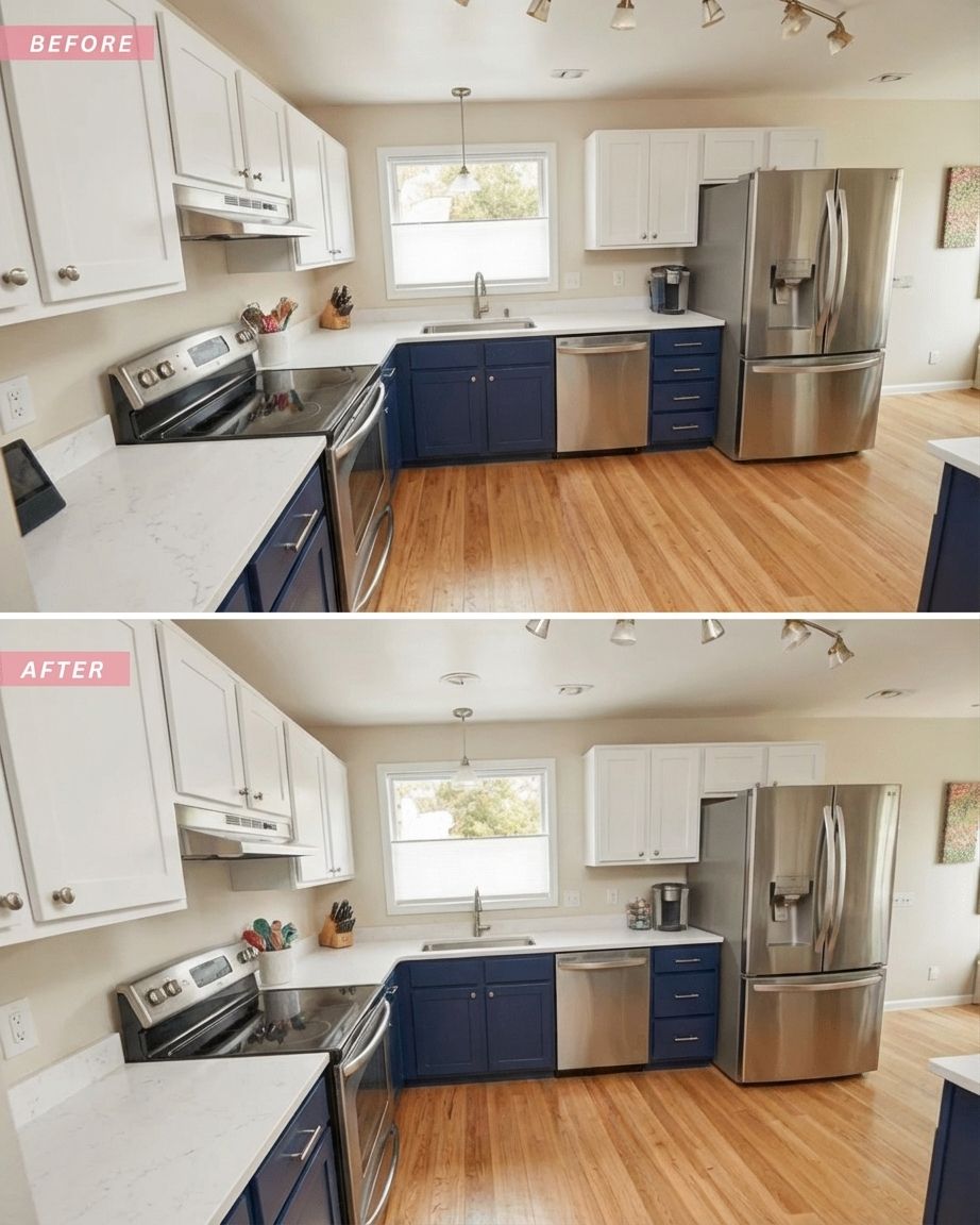 Two-tone kitchen with navy lower cabinets and white uppers by AI visualization
