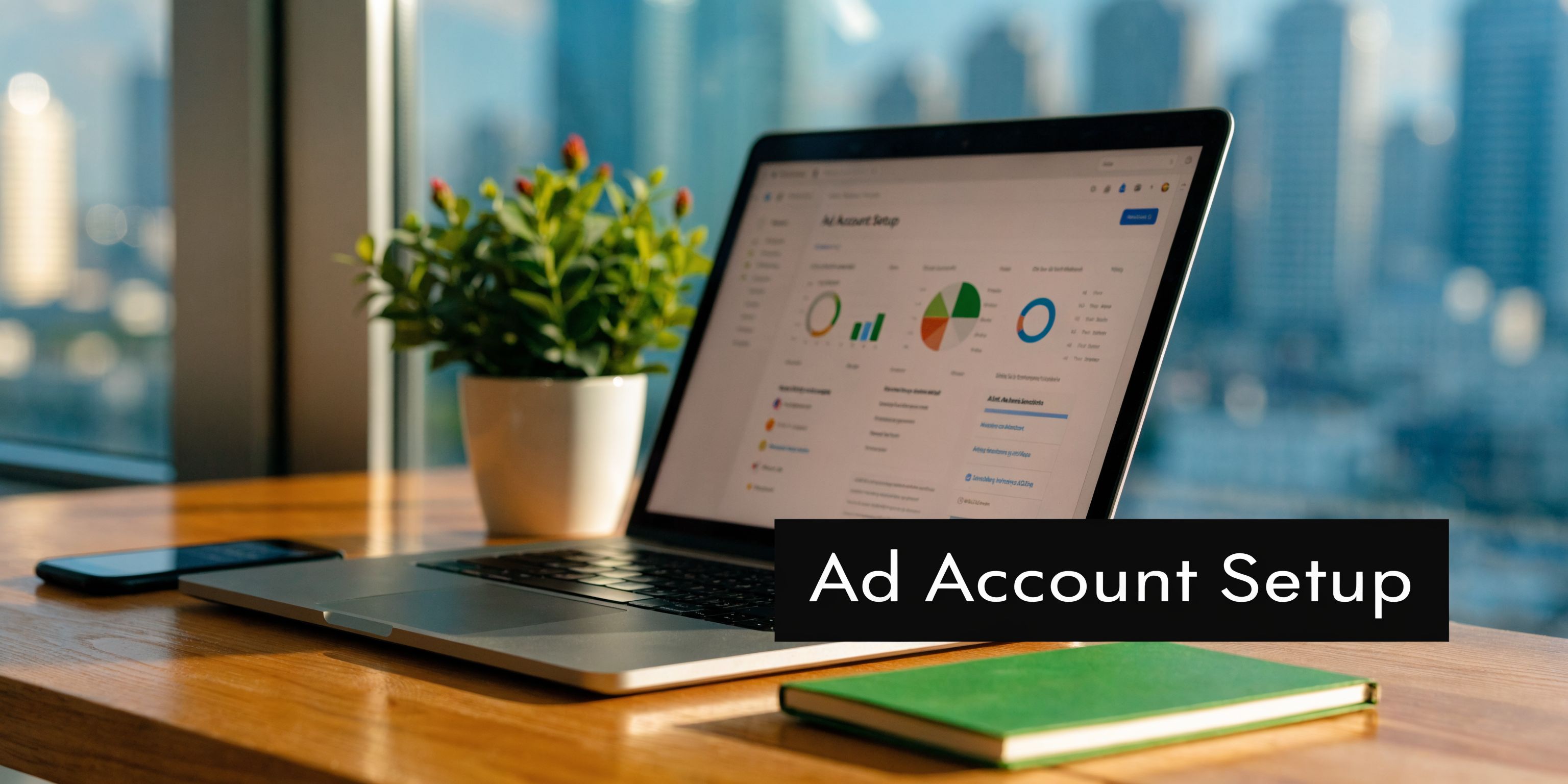 A modern laptop displaying an ad account setup dashboard on a wooden desk with a small plant.