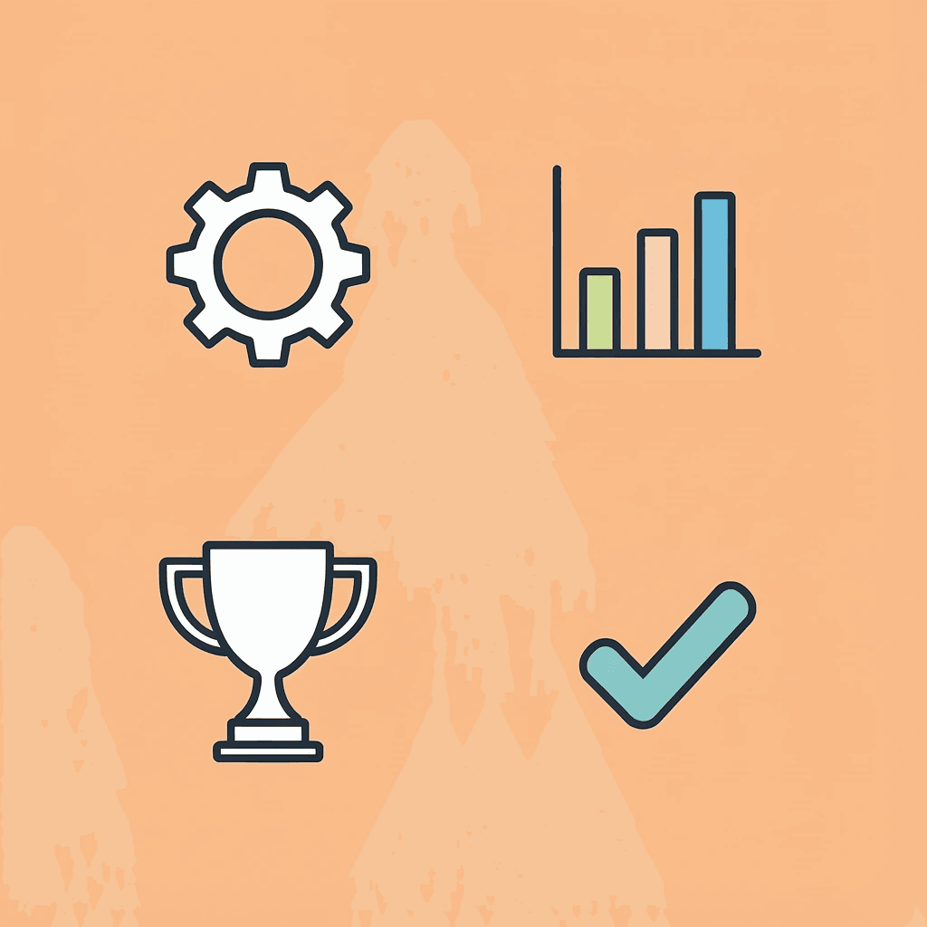 Four icons representing technical expertise, reporting, results, and business growth