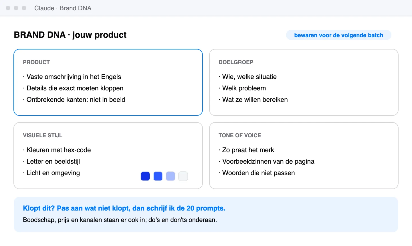 Schematische weergave: Het Brand DNA-document in één scherm, met onderaan de vraag om akkoord.