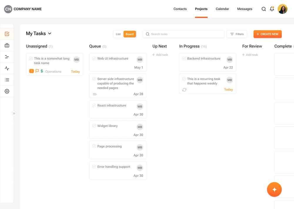 Project tasks displayed in a kanban-style board, organized by status columns like Unassigned, Queue, Up Next, and In Progress.