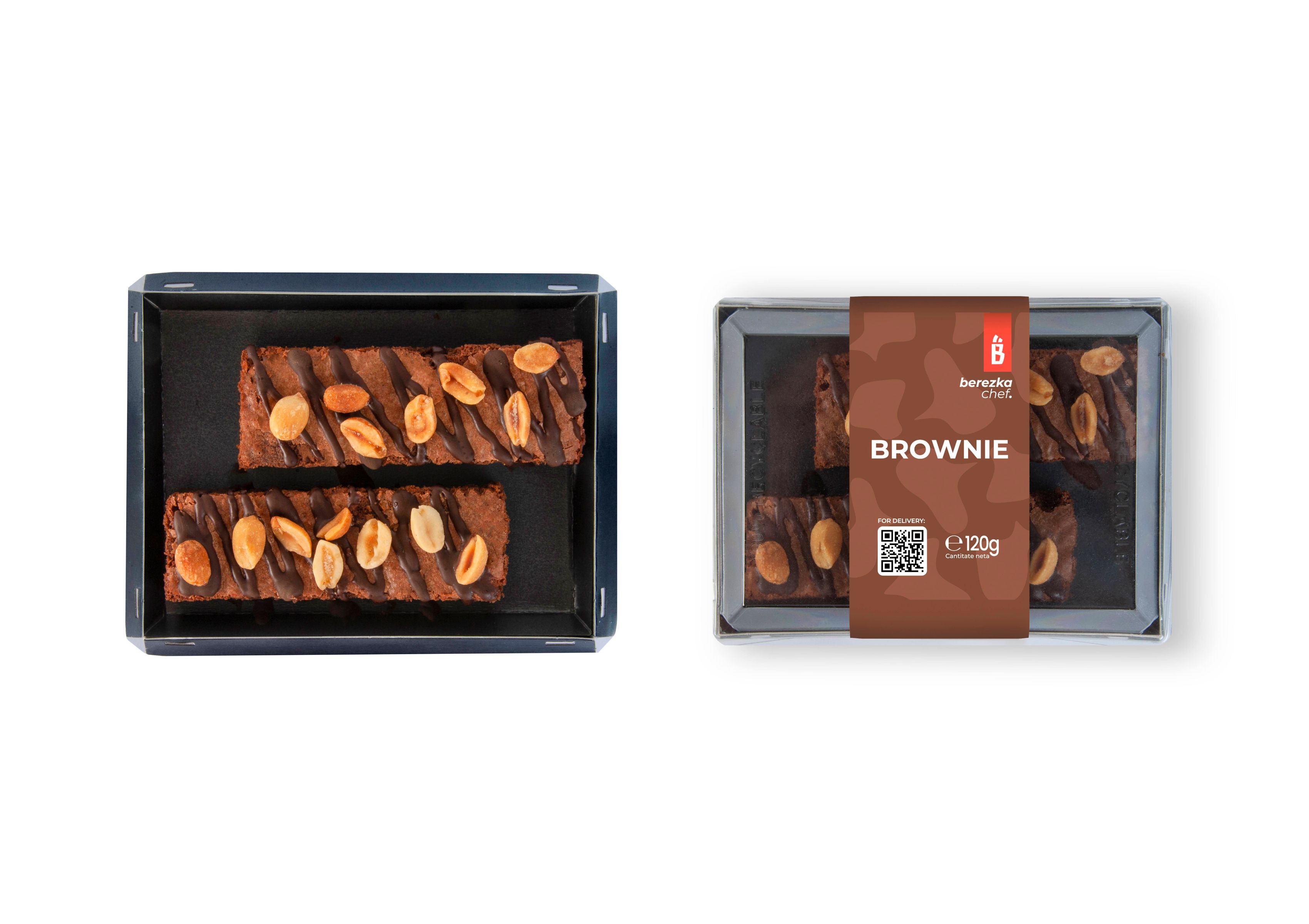 Berezka Chef brownie packaging — chocolate brownie with peanuts. Top view of dessert and packaged variant.