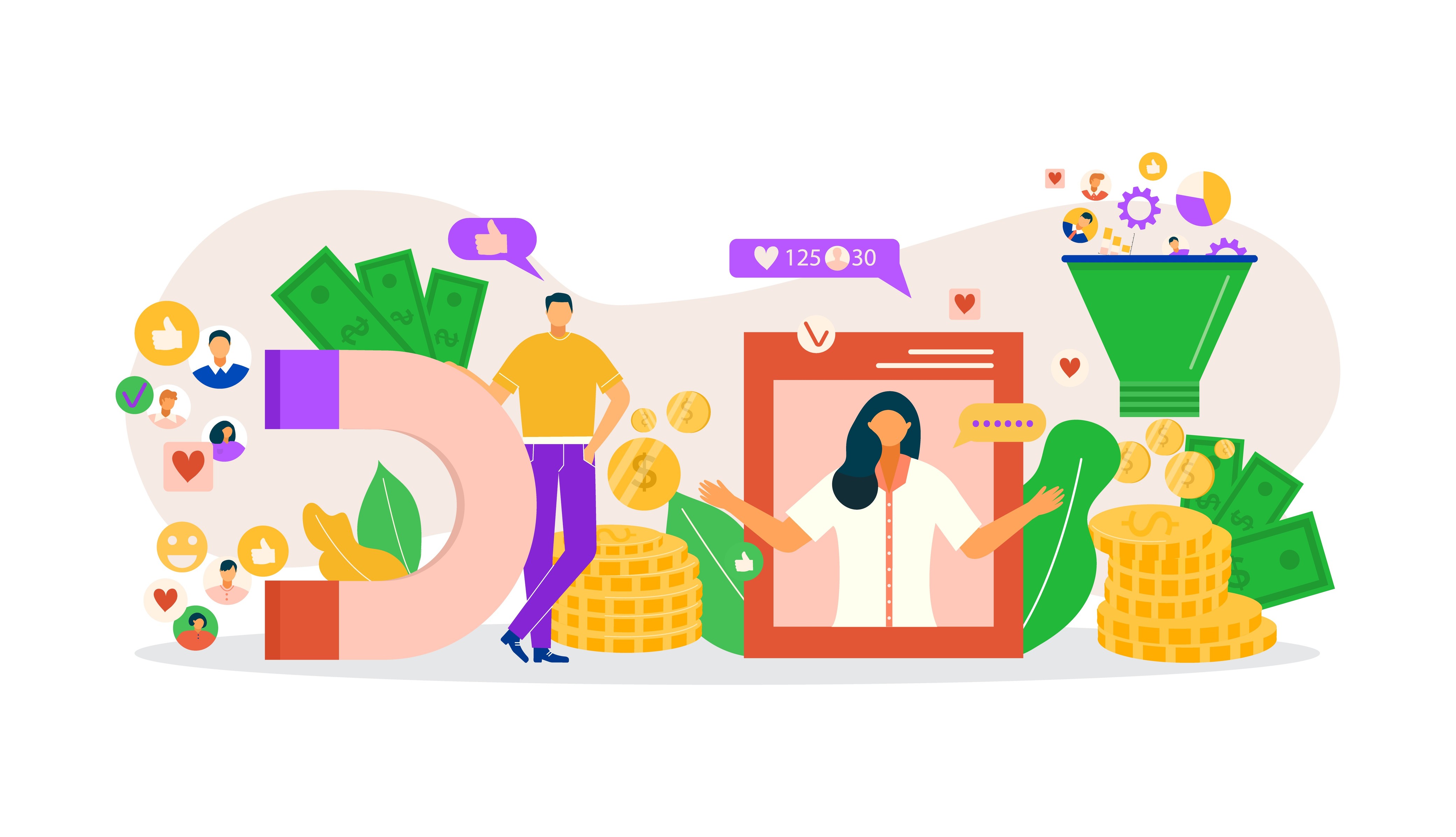 Flat illustration of an influencer marketing funnel with a creator on a phone screen, engagement icons, coins, and cash representing campaign ROI.