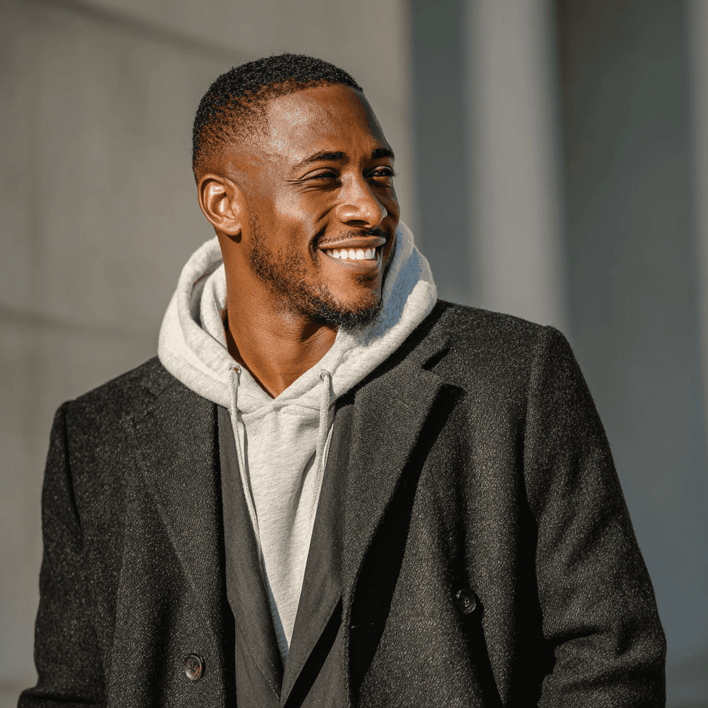Smiling man in a blue beanie and black hoodie against a brick wall, exuding a joyful and relaxed vibe.