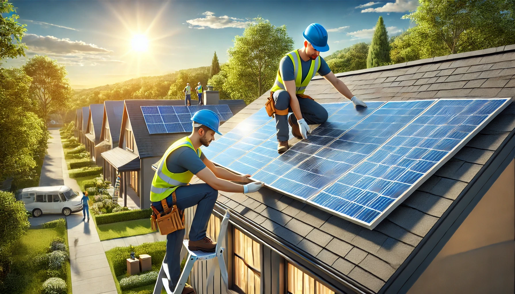 Technician installing solar panels on residential rooftop