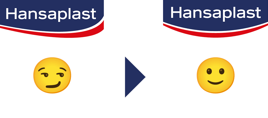 Detail des neuen Hansaplast Logo-Elements „Smile" statt "Smirk" im Packaging Design – entwickelt von Design for Human Nature in Hamburg.