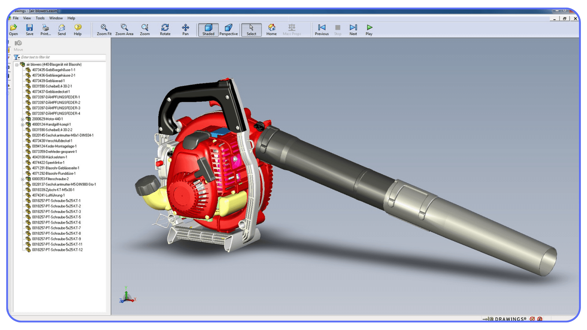 SolidWorks model of a handheld blower assembly with part tree expanded on the left