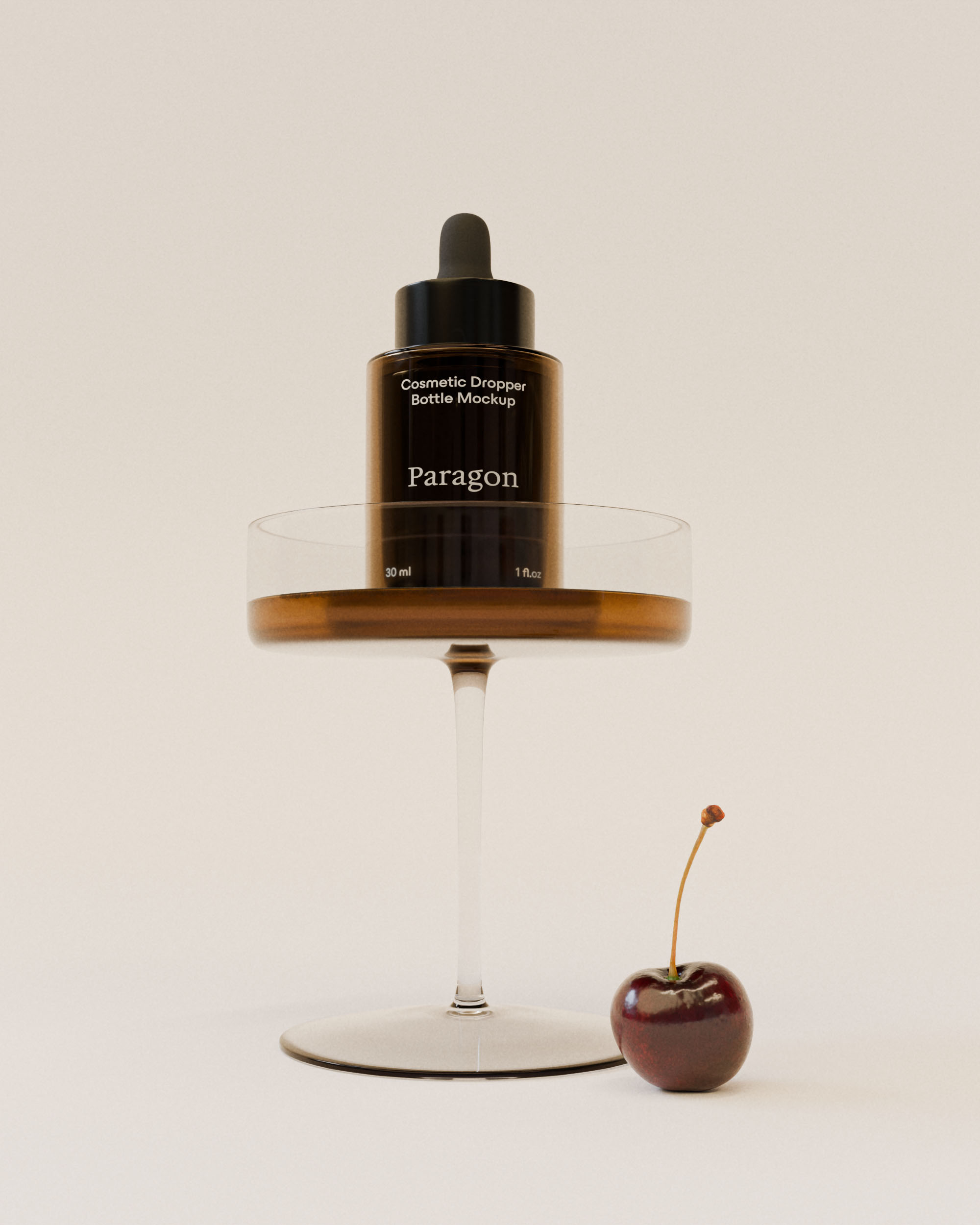 Amber glass cosmetic dropper bottle displayed on a coupe glass stand with a cherry against&nbsp;a warm off-white background