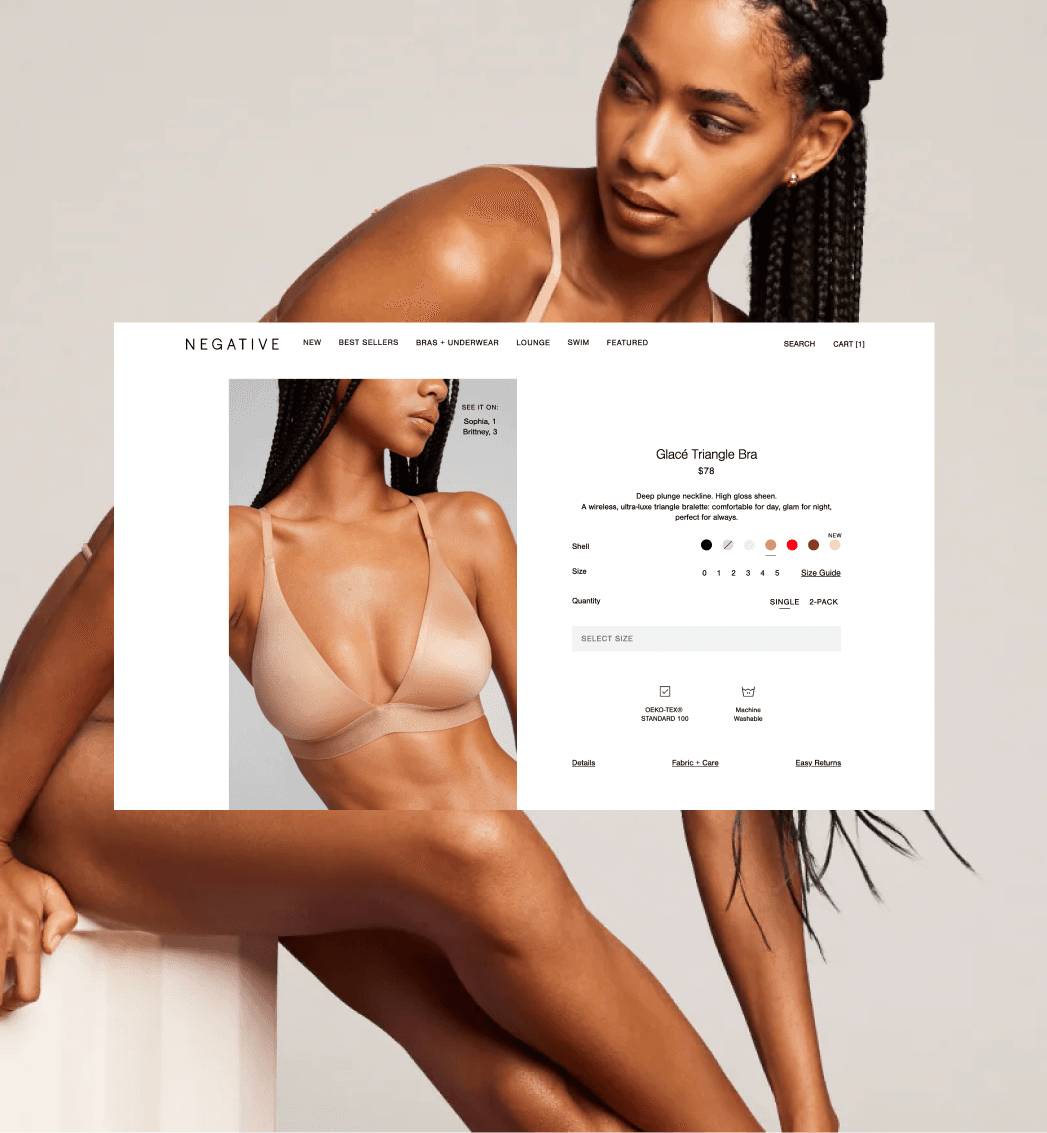 Negative Underwear Shopify product detail page featuring minimalist bra set