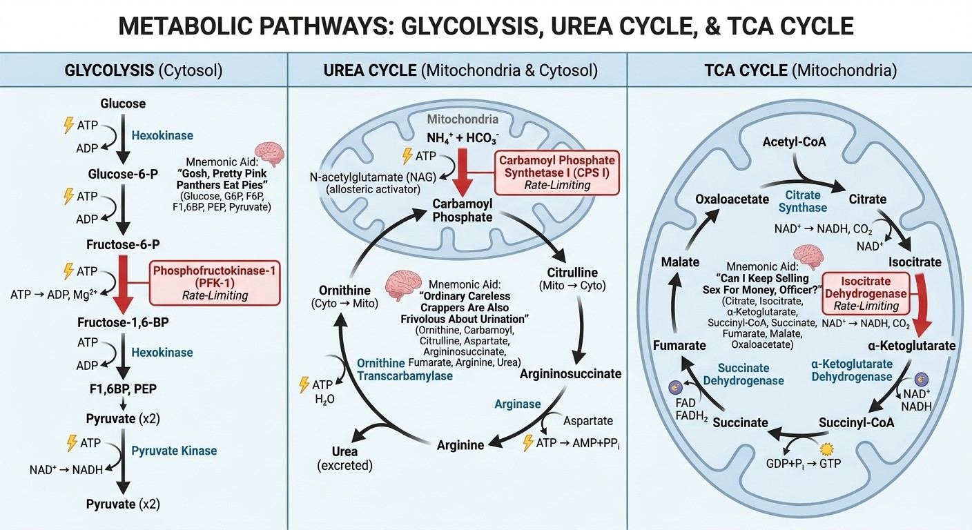 Metabolic pathway comparison showing glycolysis, urea cycle, and TCA cycle with rate-limiting enzymes and mnemonics