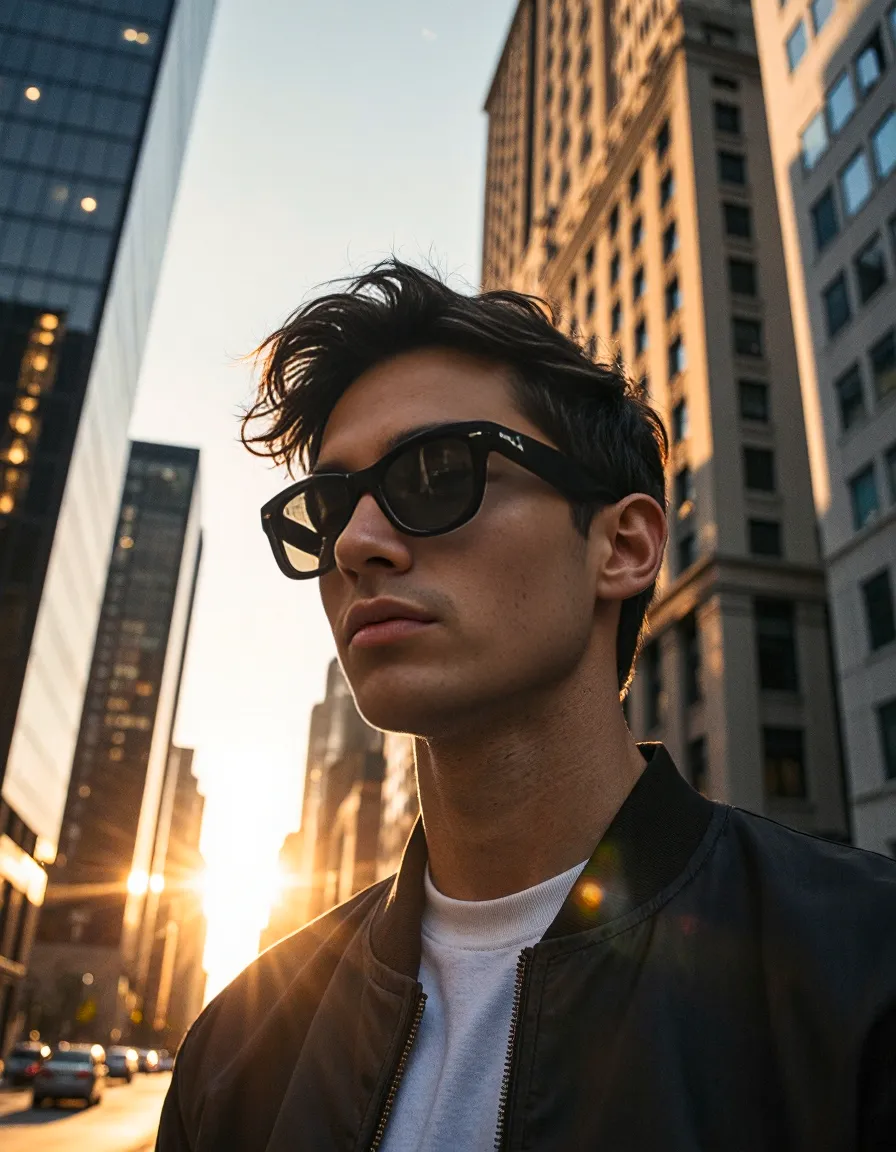 Stylish sunglasses-wearing person in leather jacket against urban backdrop with golden sunset light streaming between skyscrapers