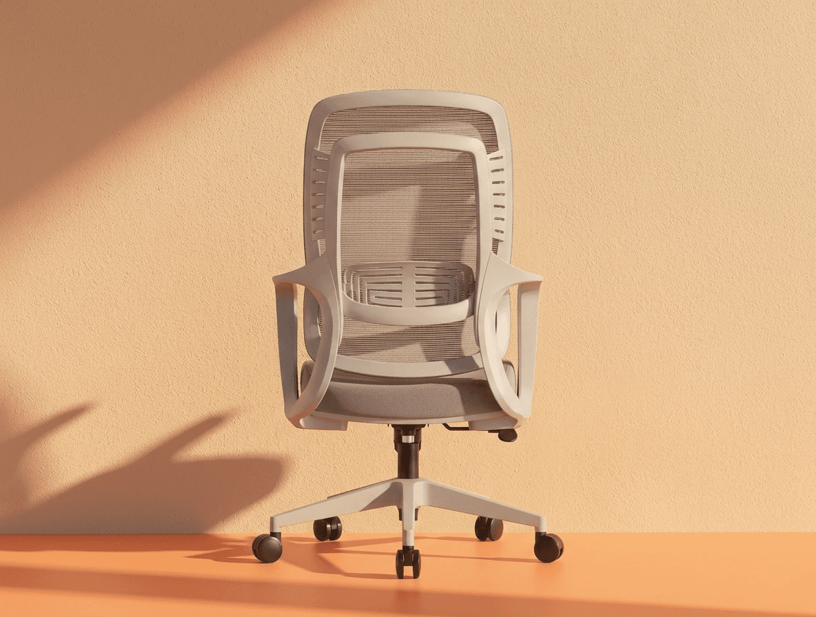 A rear view of a modern office chair showcasing the SingOFai Furniture backrest component in a light-grey finish. The design features a breathable mesh back supported by a unique outer frame with integrated, curved armrests and a horizontally ribbed lumbar support section. The chair is assembled with a matching light-grey five-star base and dark casters, set against a warm, minimalist background with soft, diagonal sunlight.