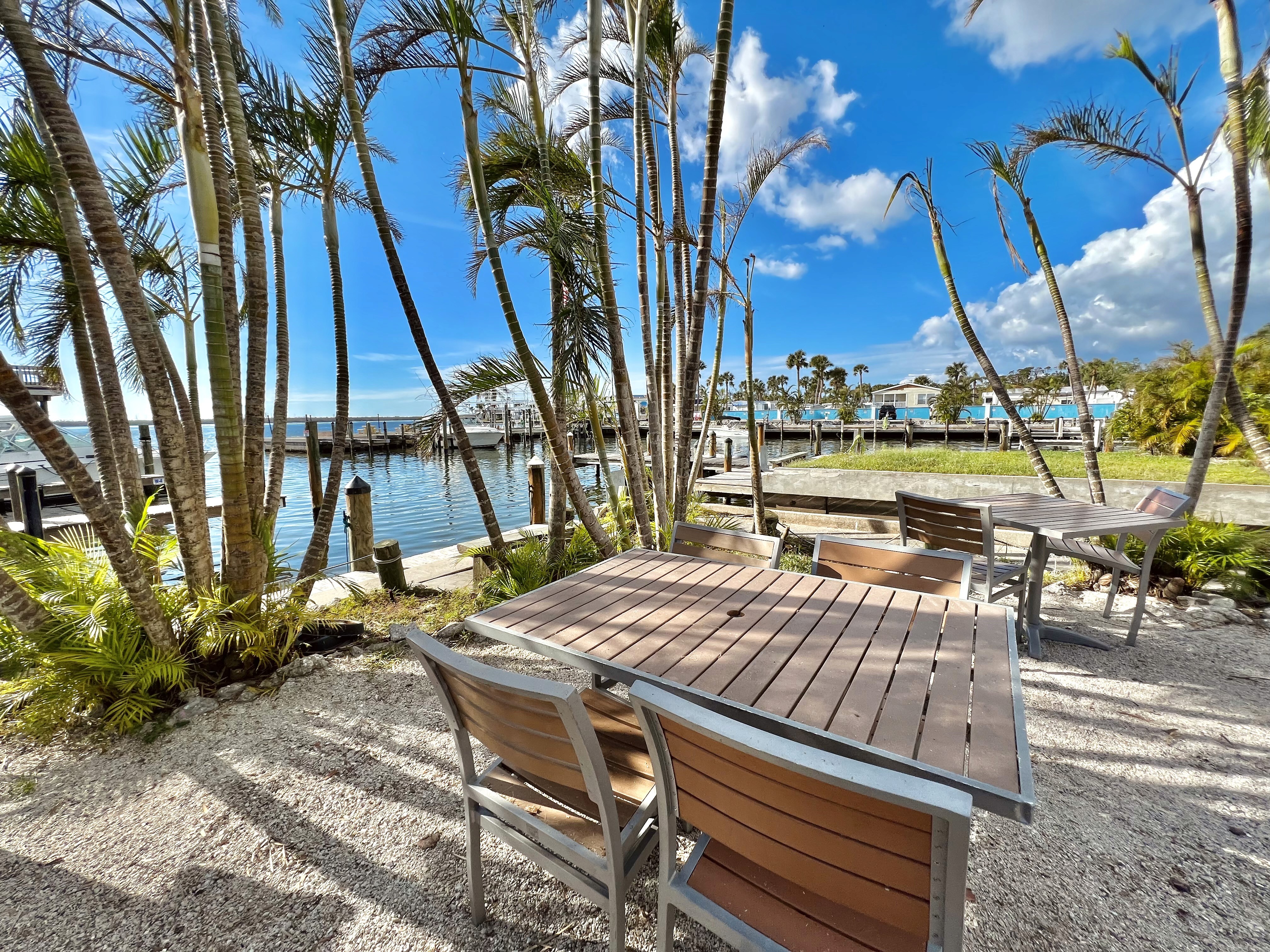 tables and chairs at stump pass marina