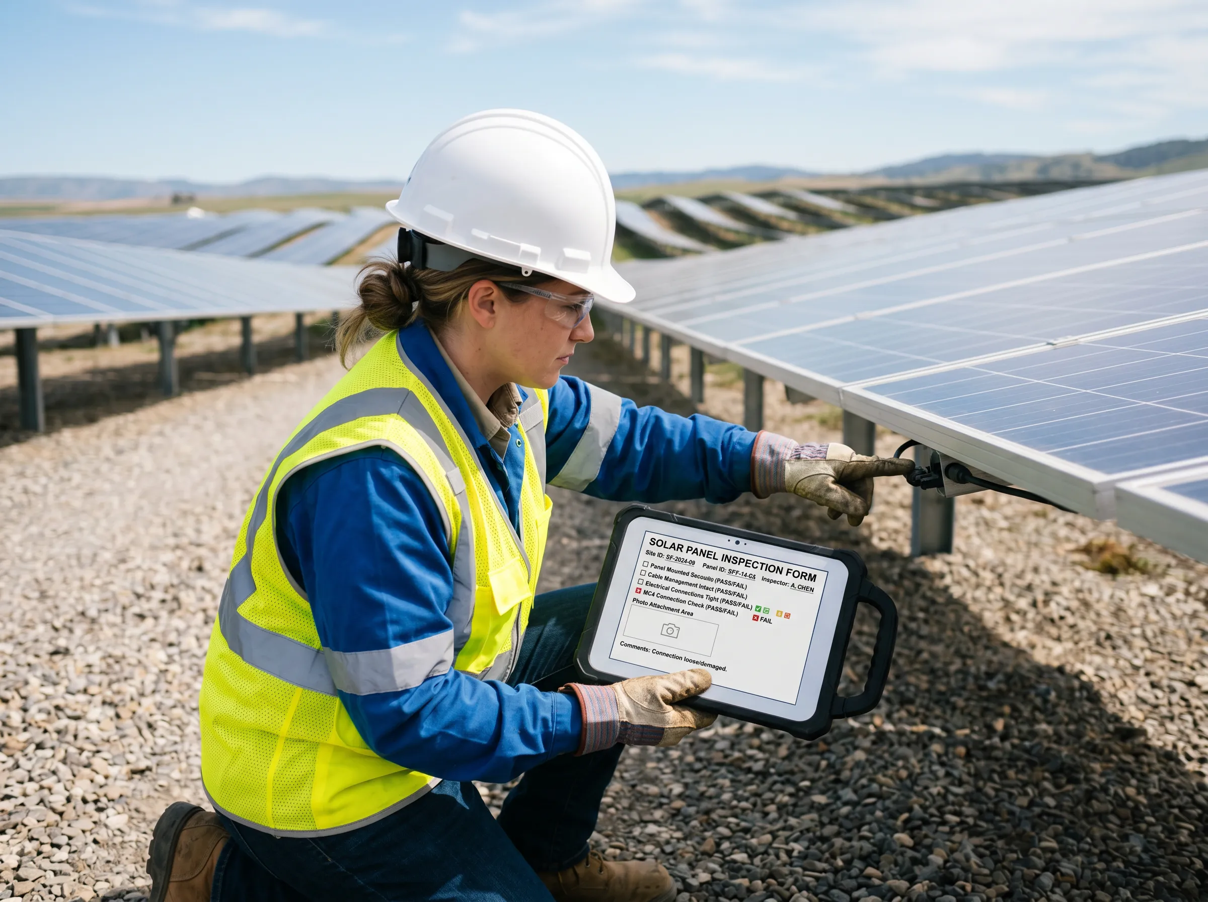 A technician in safety gear kneels beside solar panels, using a tablet to inspect and record performance data.