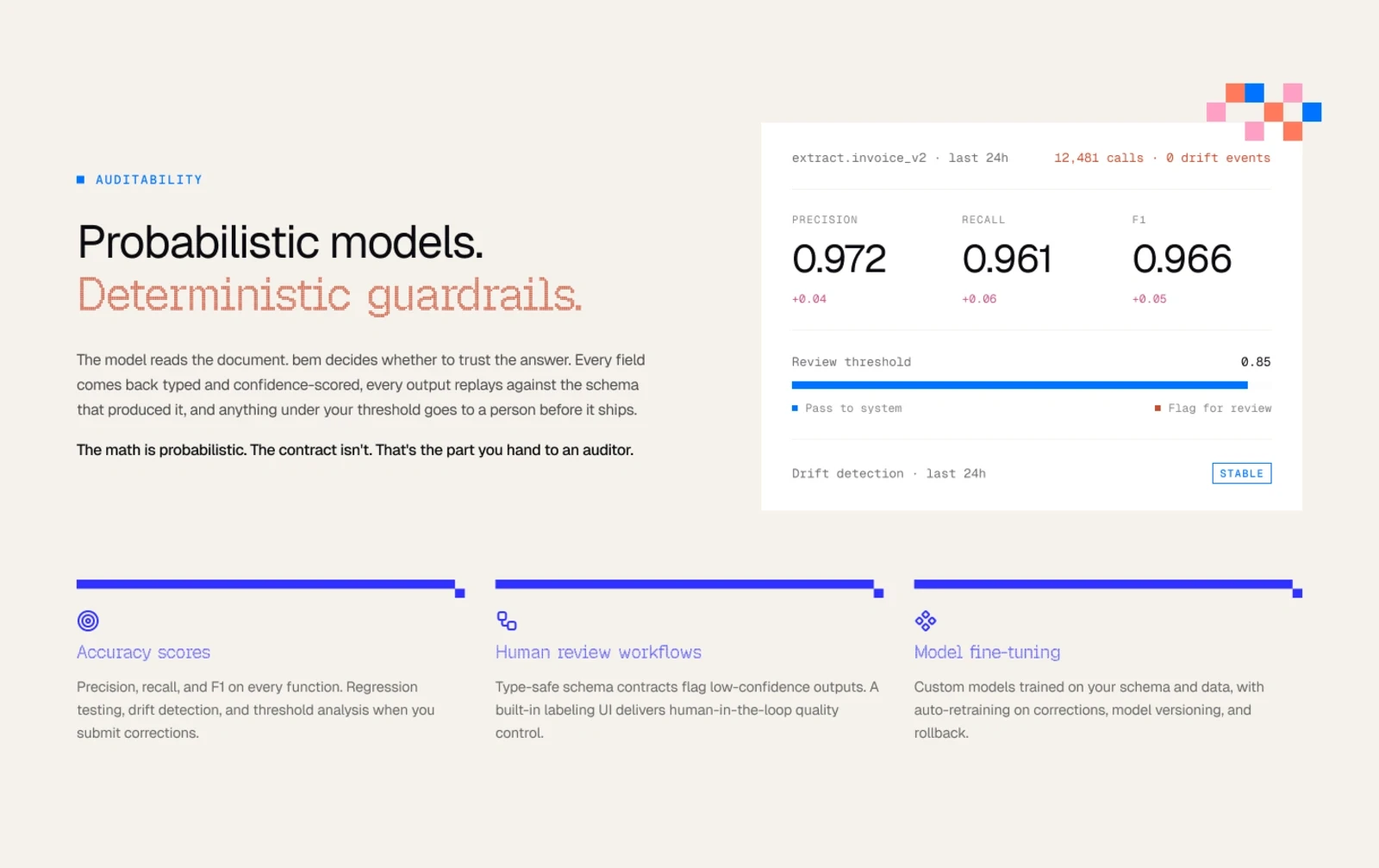 bem — Determinism section with metrics card
