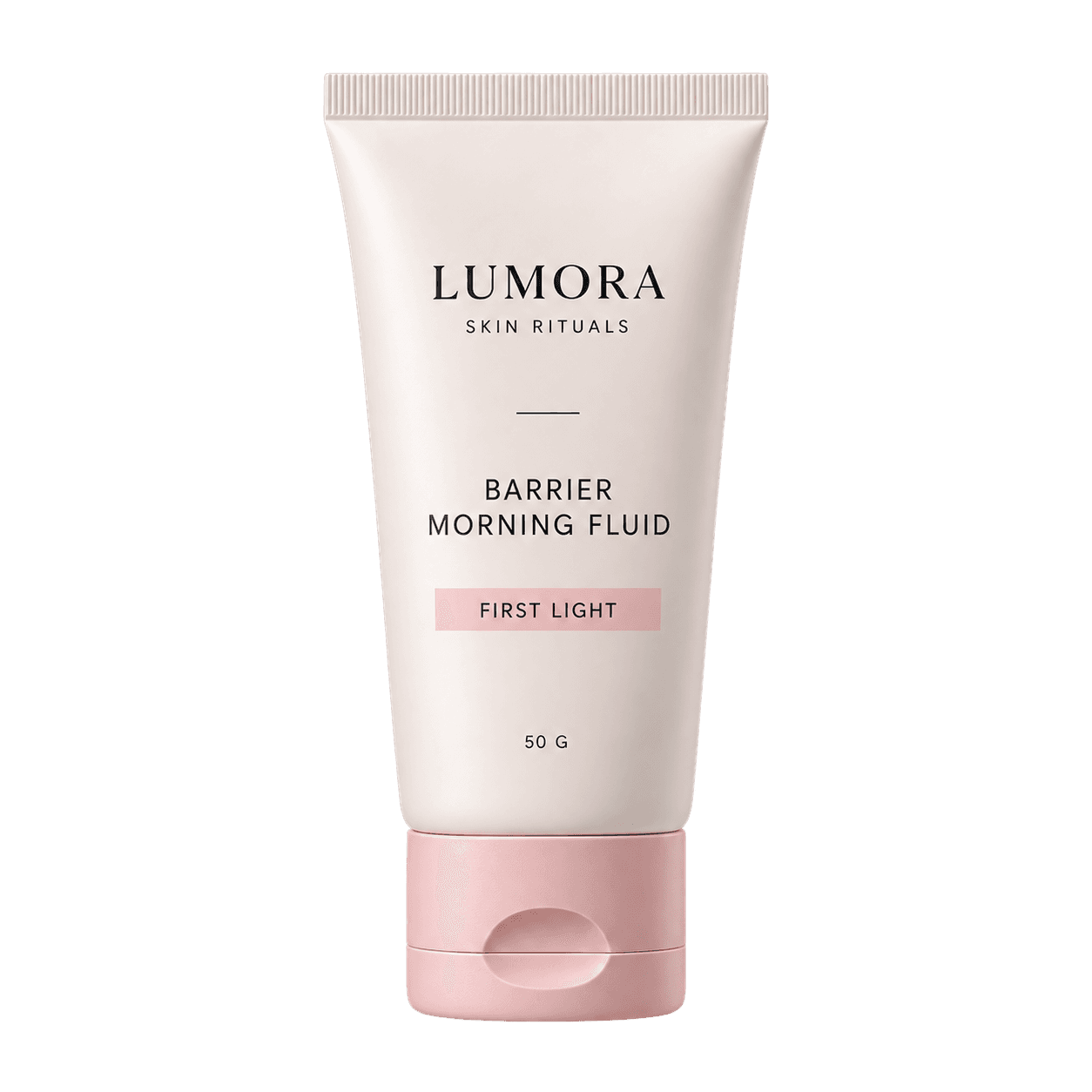 Barrier Morning Fluid in a pink and cream tube, standing upright