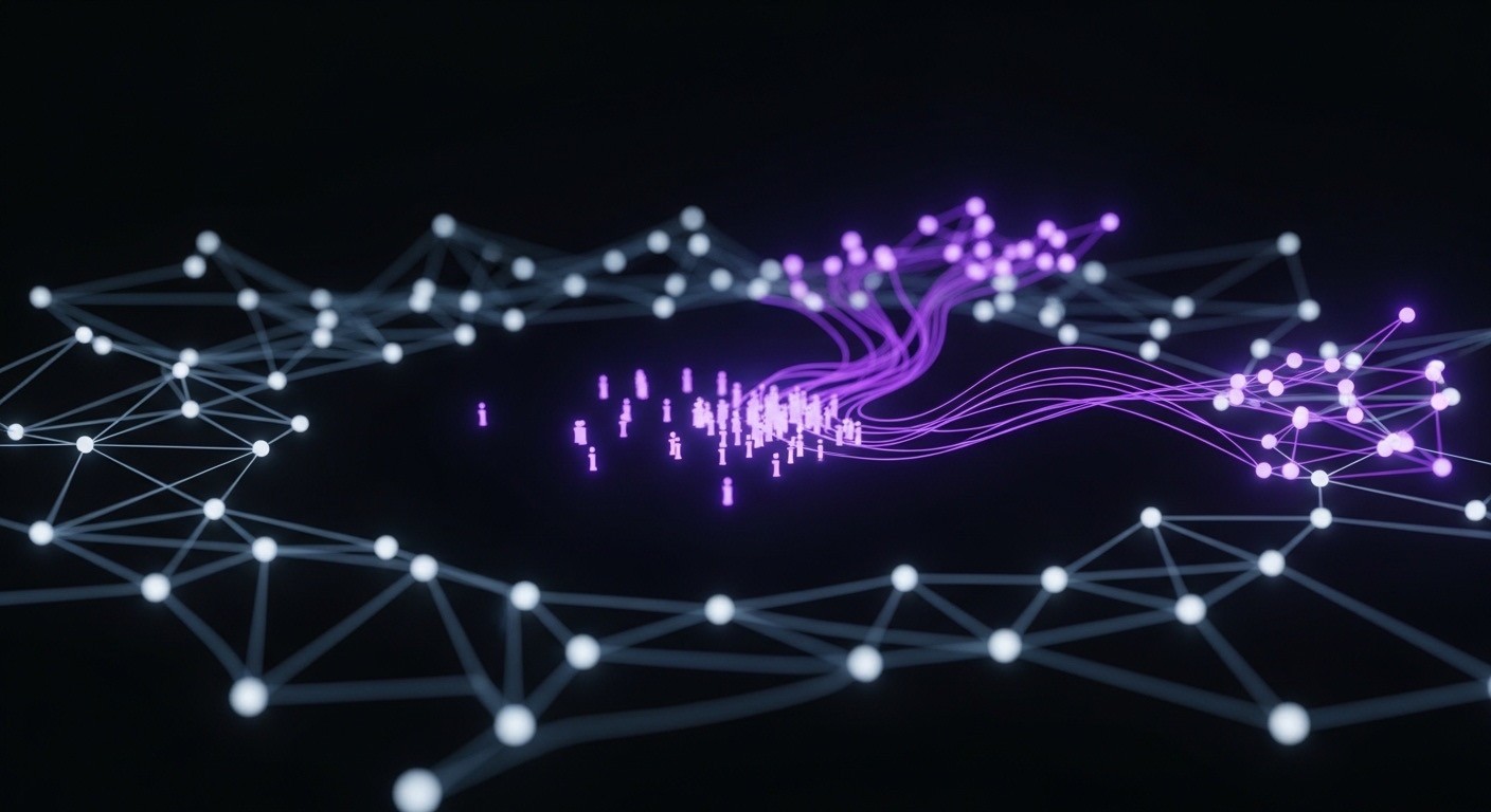 Abstract AI network showing data flow between connected nodes, representing semantic search, information retrieval, and AI search visibility