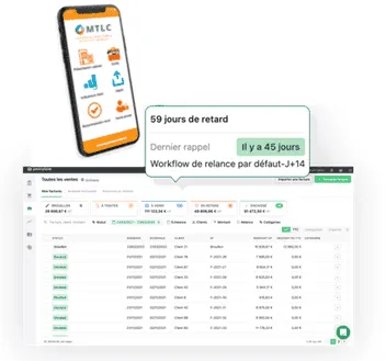 Interfaces mobile et ordinateur de la plateforme MTLC Digital affichant des données de ventes, des retards de paiement et des relances.