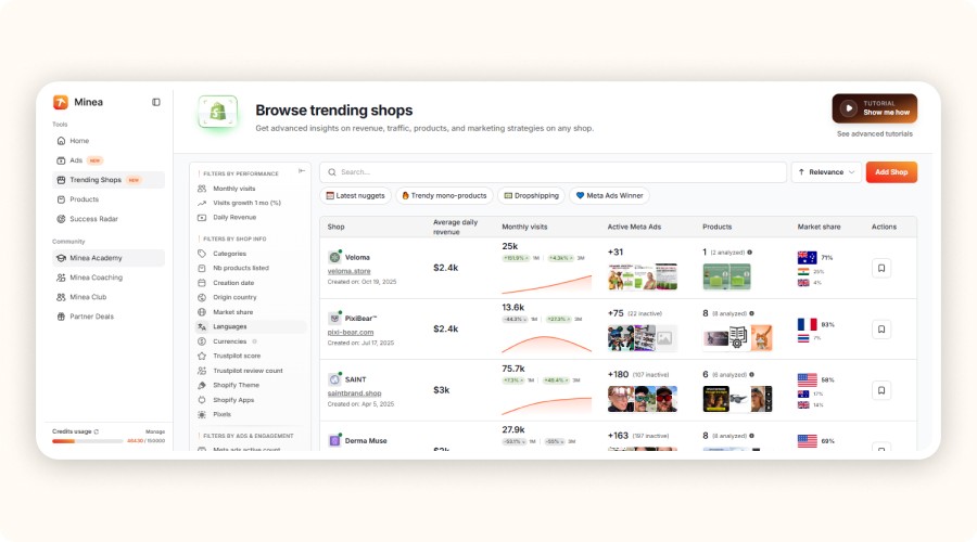 Trending Shops interface