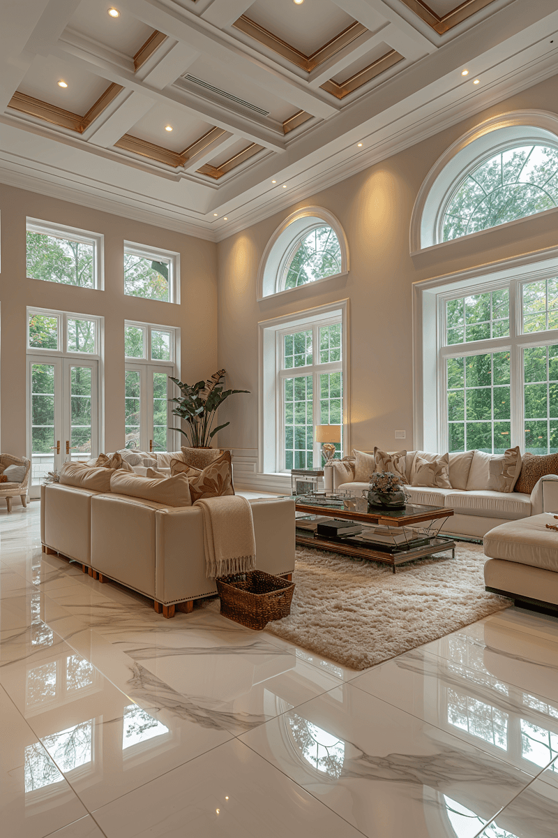 Expansive cream living room with coffered gold ceiling, arched windows, and marble floors