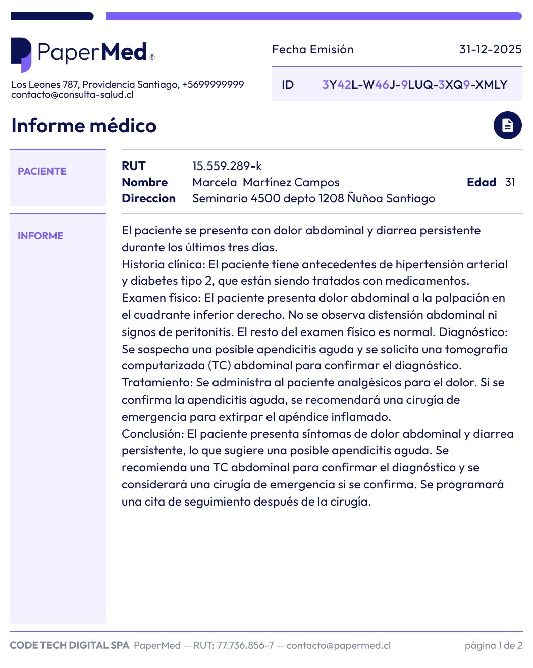 Ejemplo de informe médico digital multipágina redactado en Papermed