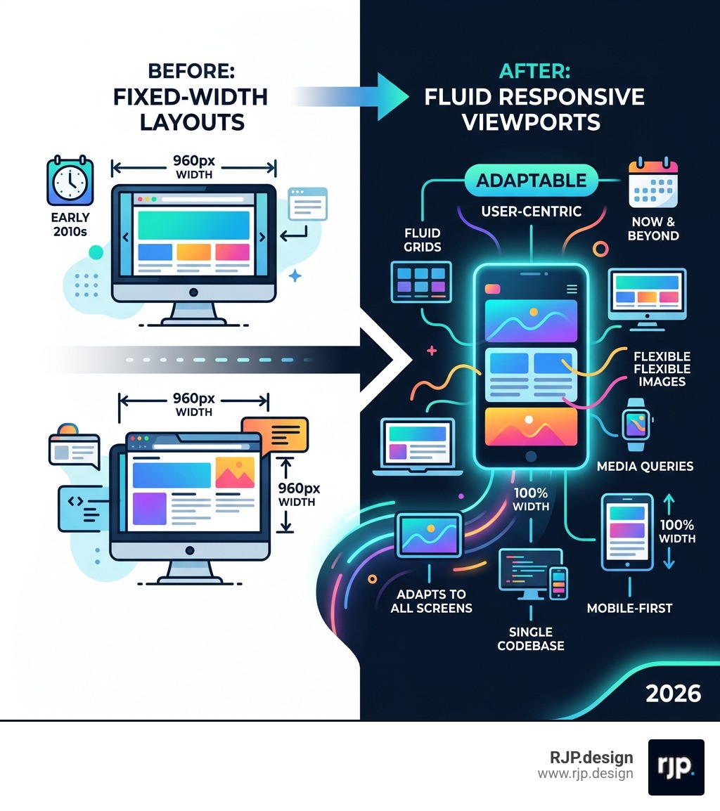 Shift from fixed-width desktop layouts to fluid responsive viewports infographic - bluegriffon responsive design infographic
