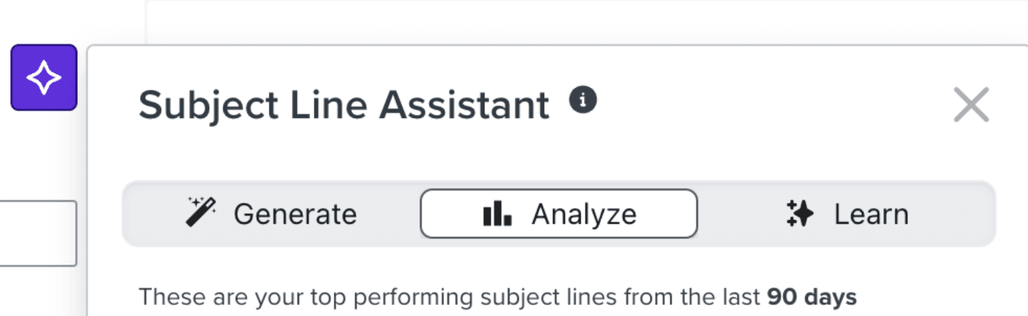 AI-Powered Subject Line Optimisation.png – Screenshot of Klaviyo's Subject Line Assistant with options to generate, analyze, and learn from top-performing subject lines.