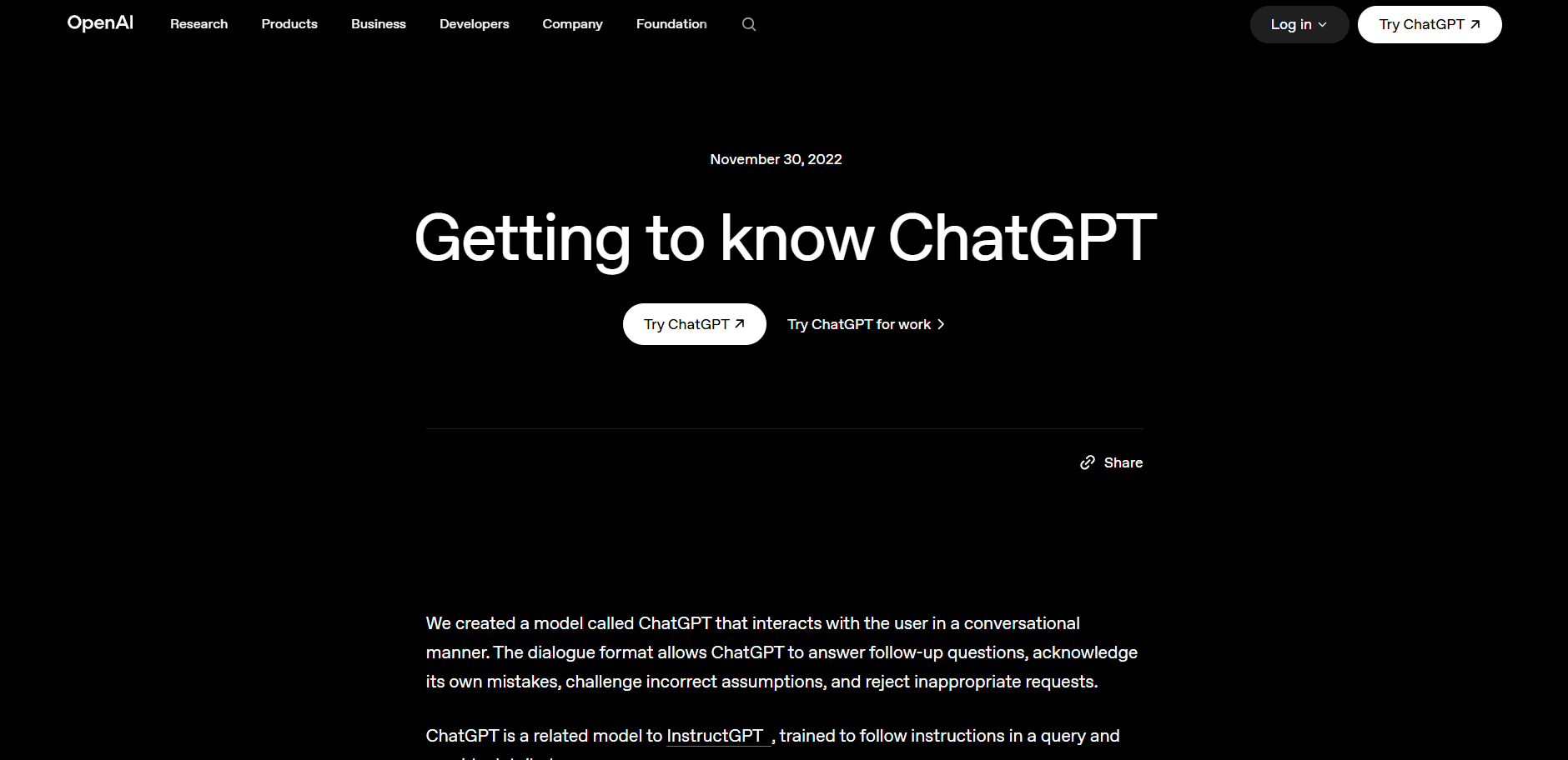 Screenshot of an OpenAI webpage titled “Getting to know ChatGPT,” dated November 30, 2022, with buttons for “Try ChatGPT” and “Try ChatGPT for work” above introductory text on a black background.
