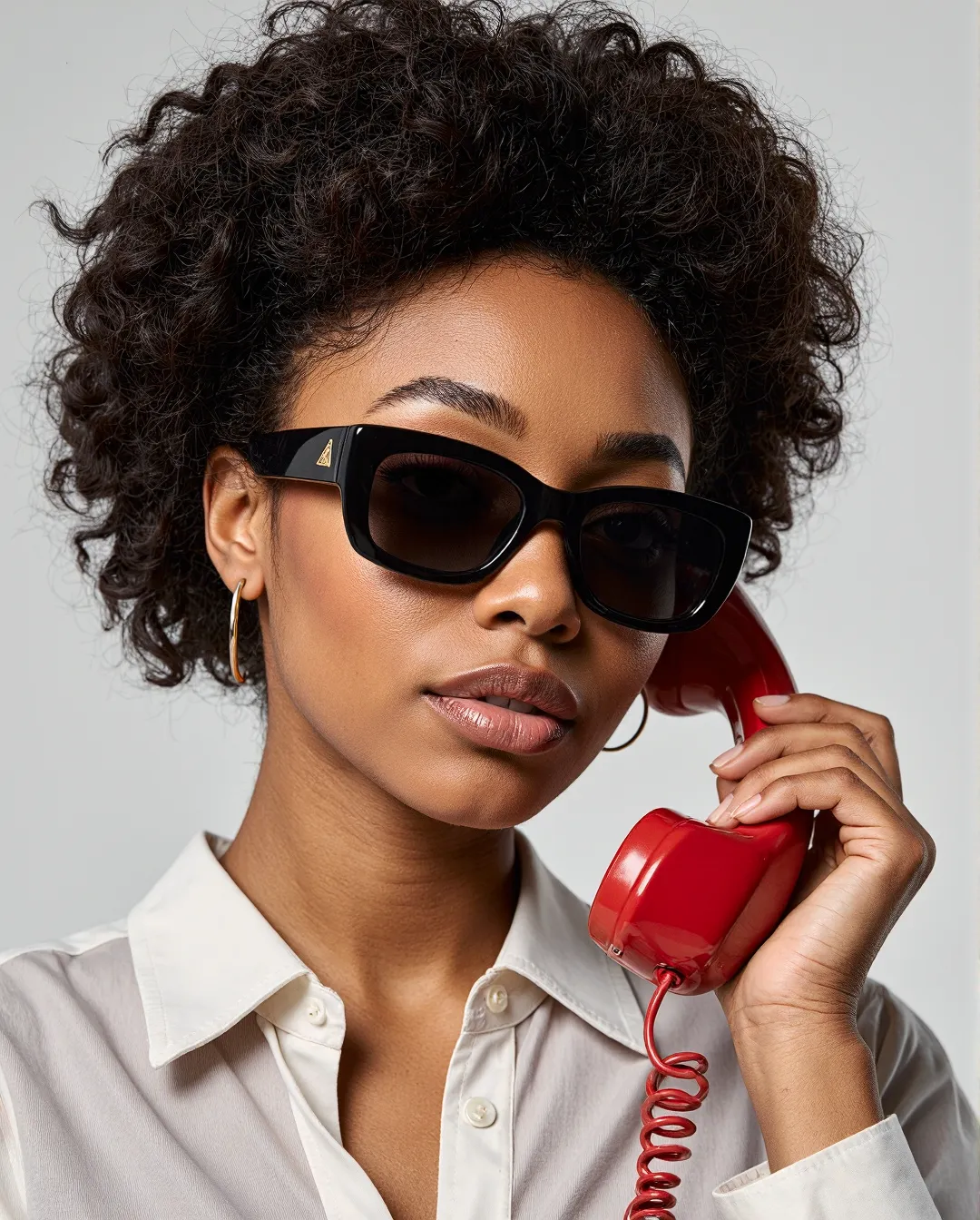 Fashion photography featuring stylish sunglasses, natural curly hair, white button-up shirt, and vintage red telephone against clean background