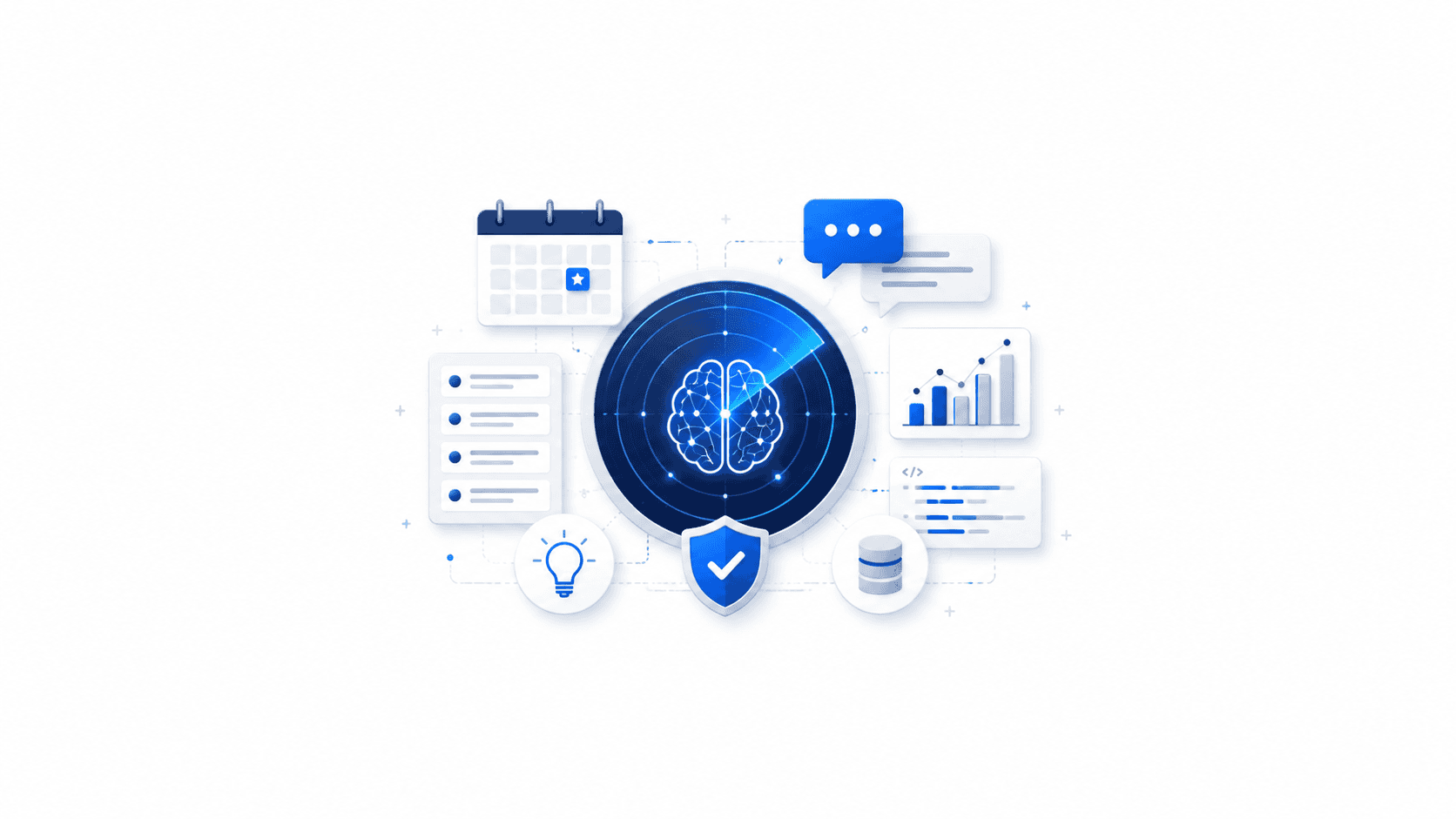 Illustrazione minimalista di intelligenza artificiale con cervello digitale al centro, grafici, chat, calendario e icone dati su sfondo bianco, simbolo delle novità AI per le PMI.