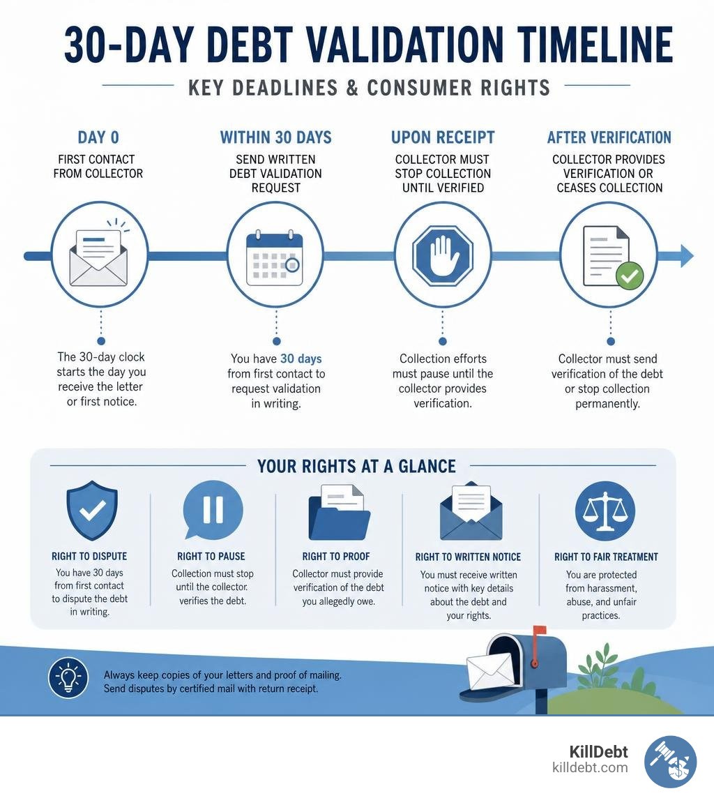 30-day debt validation timeline infographic showing key deadlines and consumer rights infographic