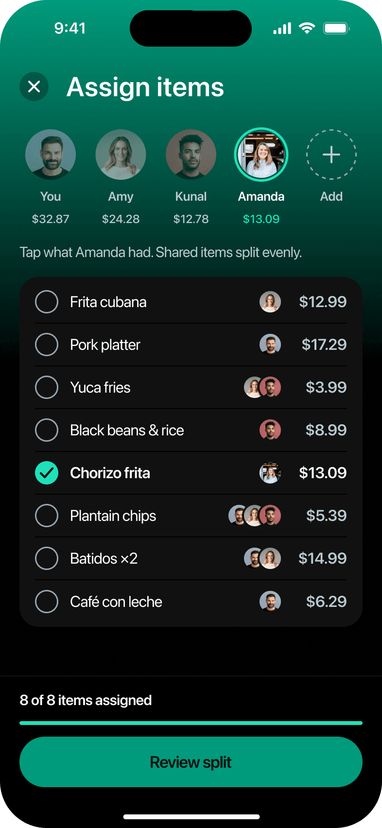 Assign items, Amanda selected, 15 taps in